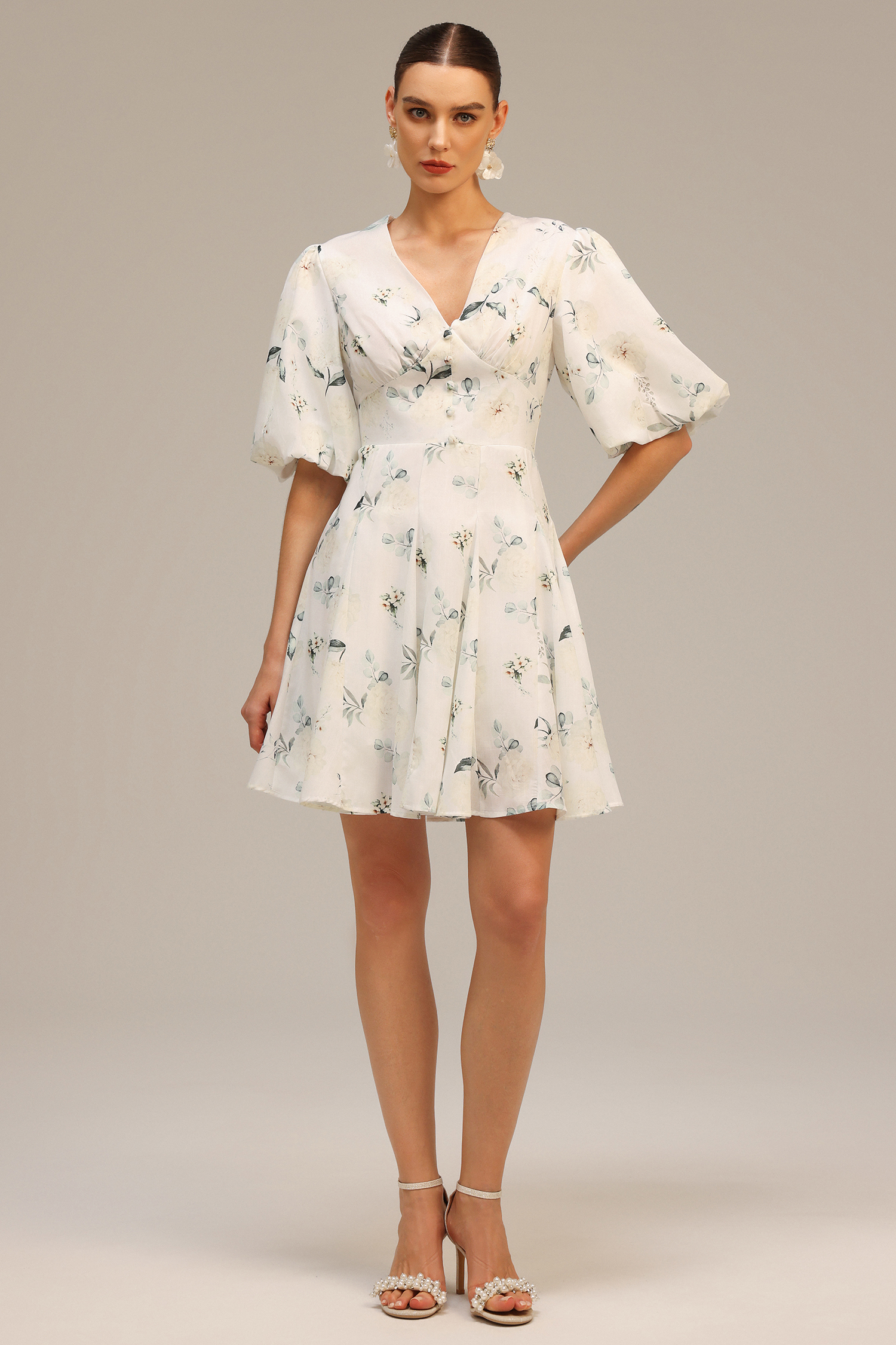 Jayne V-Neck Puff Sleeves Floral Printed Mini Dress