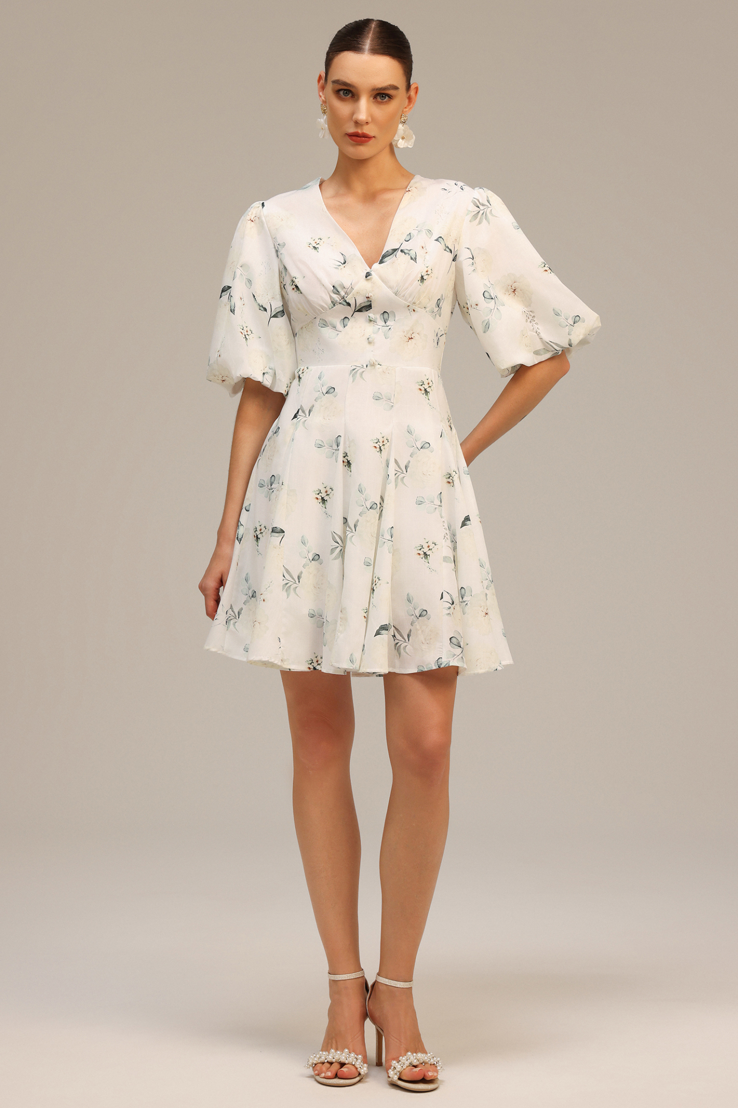 Jayne V-Neck Puff Sleeves Floral Printed Mini Dress