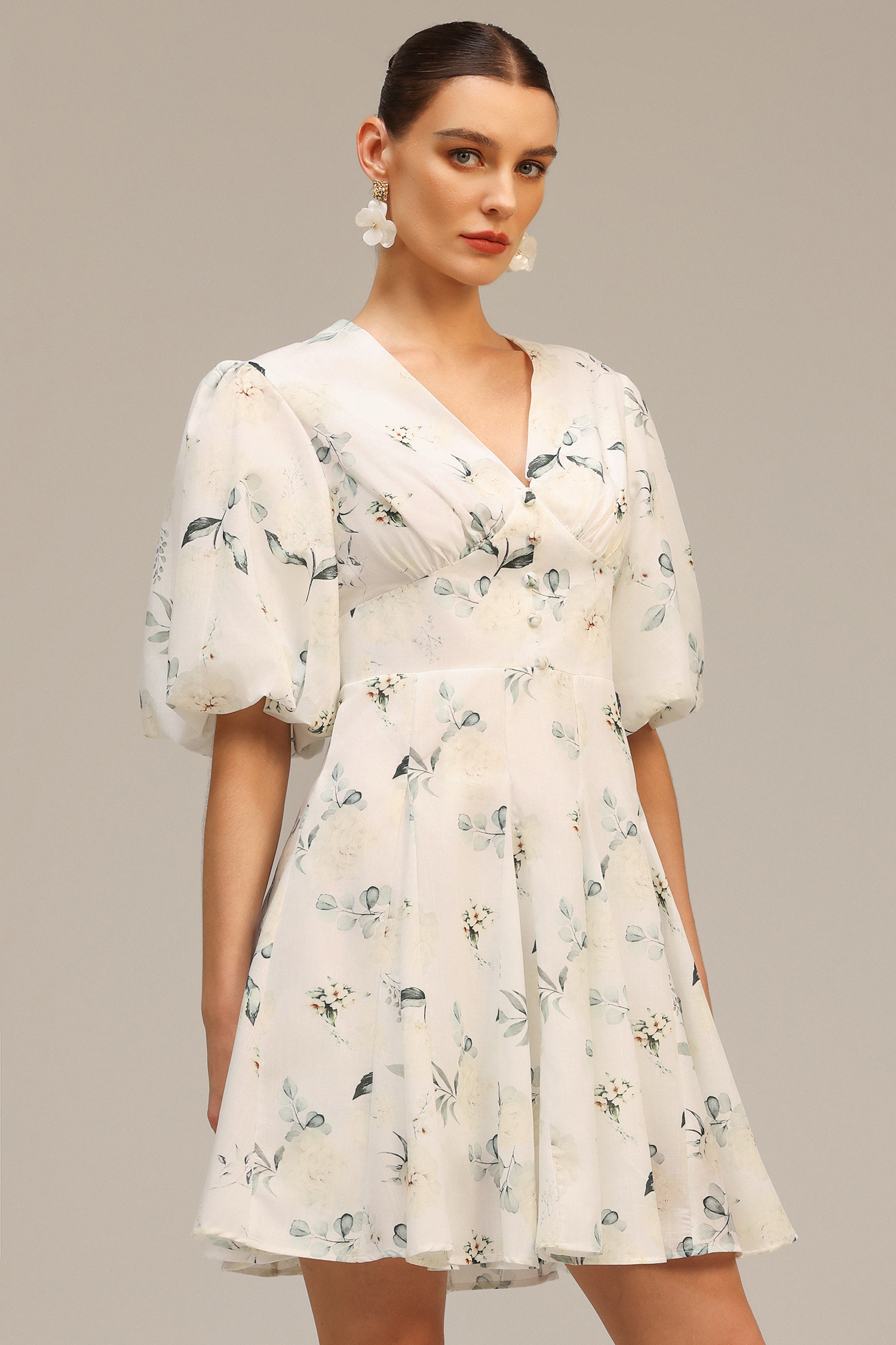 Jayne V-Neck Puff Sleeves Floral Printed Mini Dress