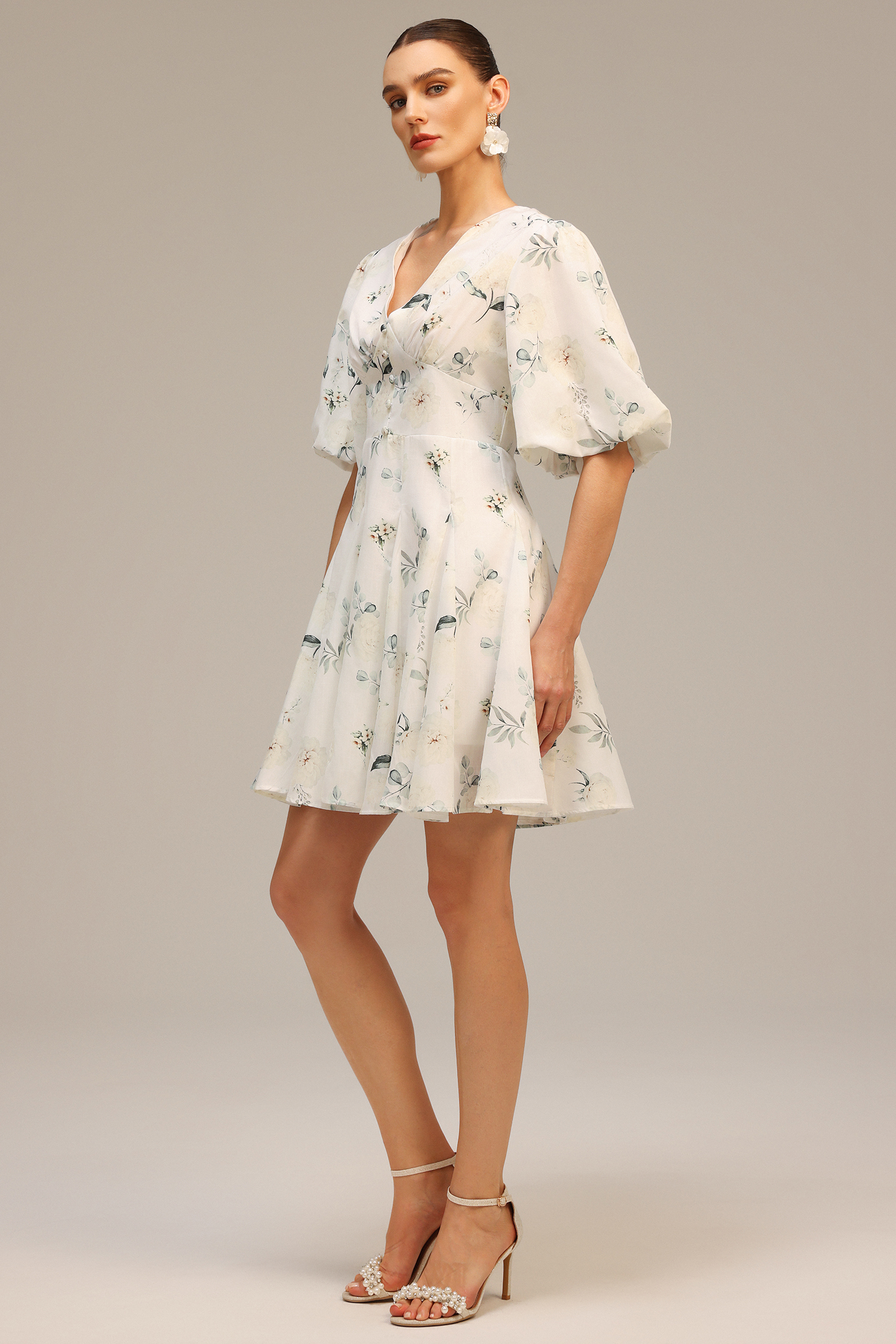 Jayne V-Neck Puff Sleeves Floral Printed Mini Dress