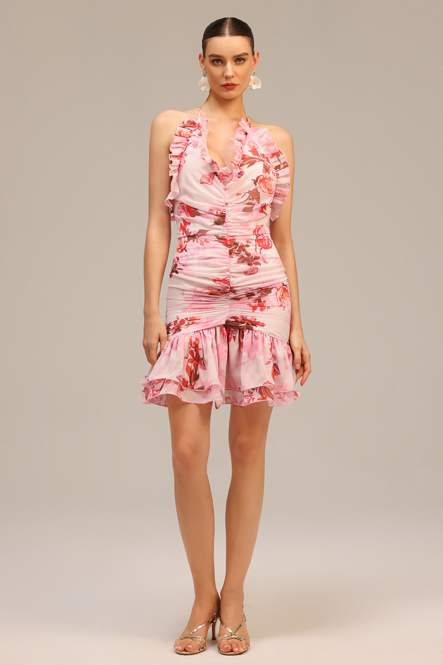 Miriam V-Neck Floral Printed Folds Mini Dress