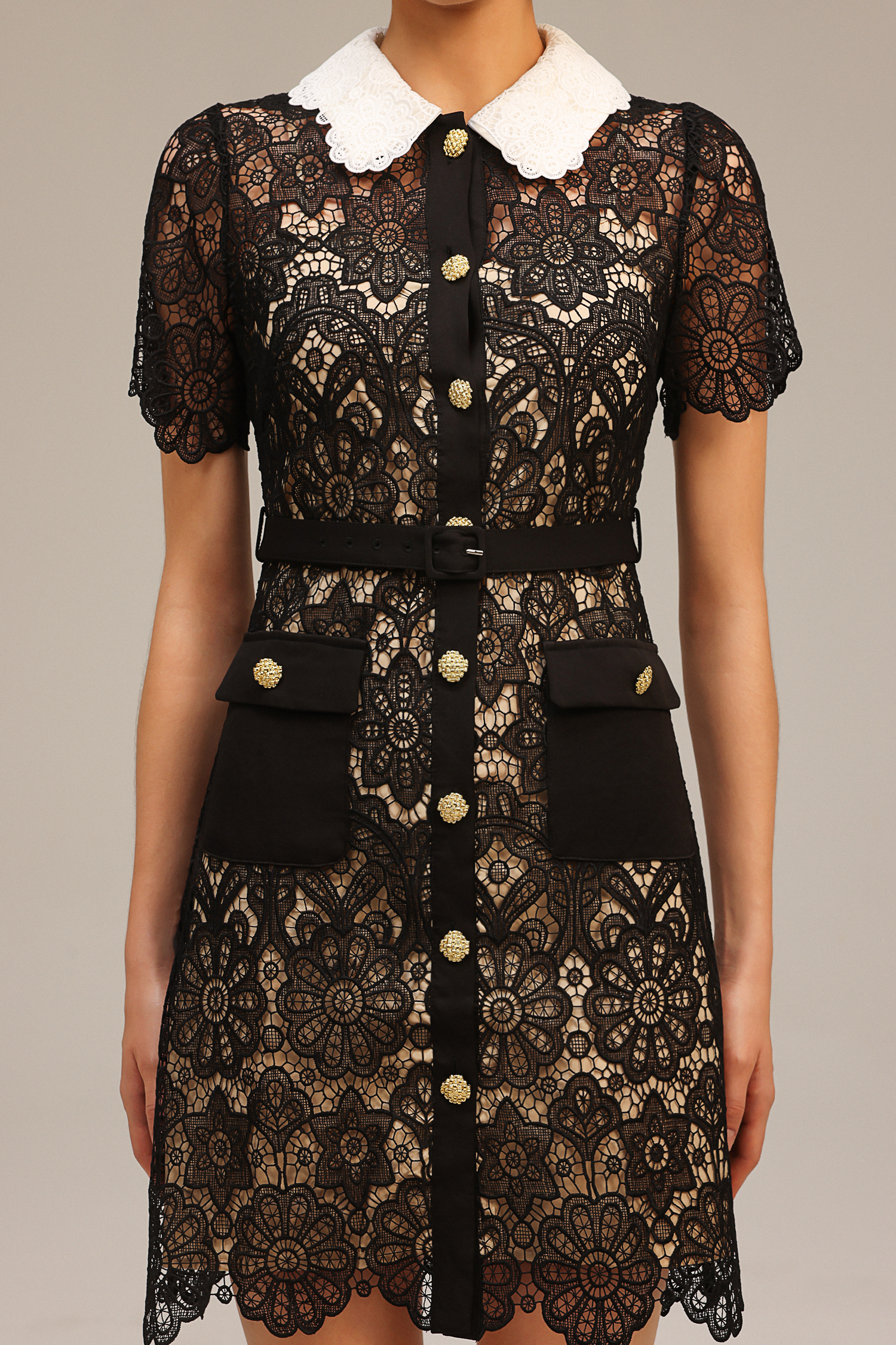 Kassy Lapel Short Sleeves Lace Mini Dress