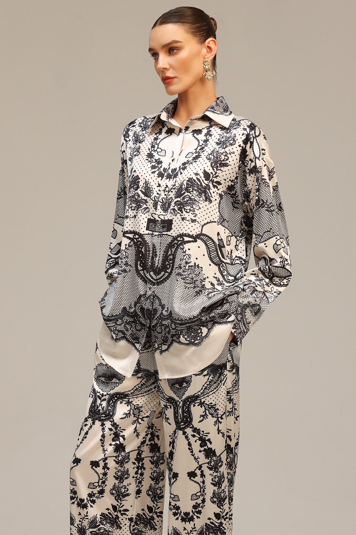 Inbar Long Sleeves Printed Top And Pants Two-Piece Set