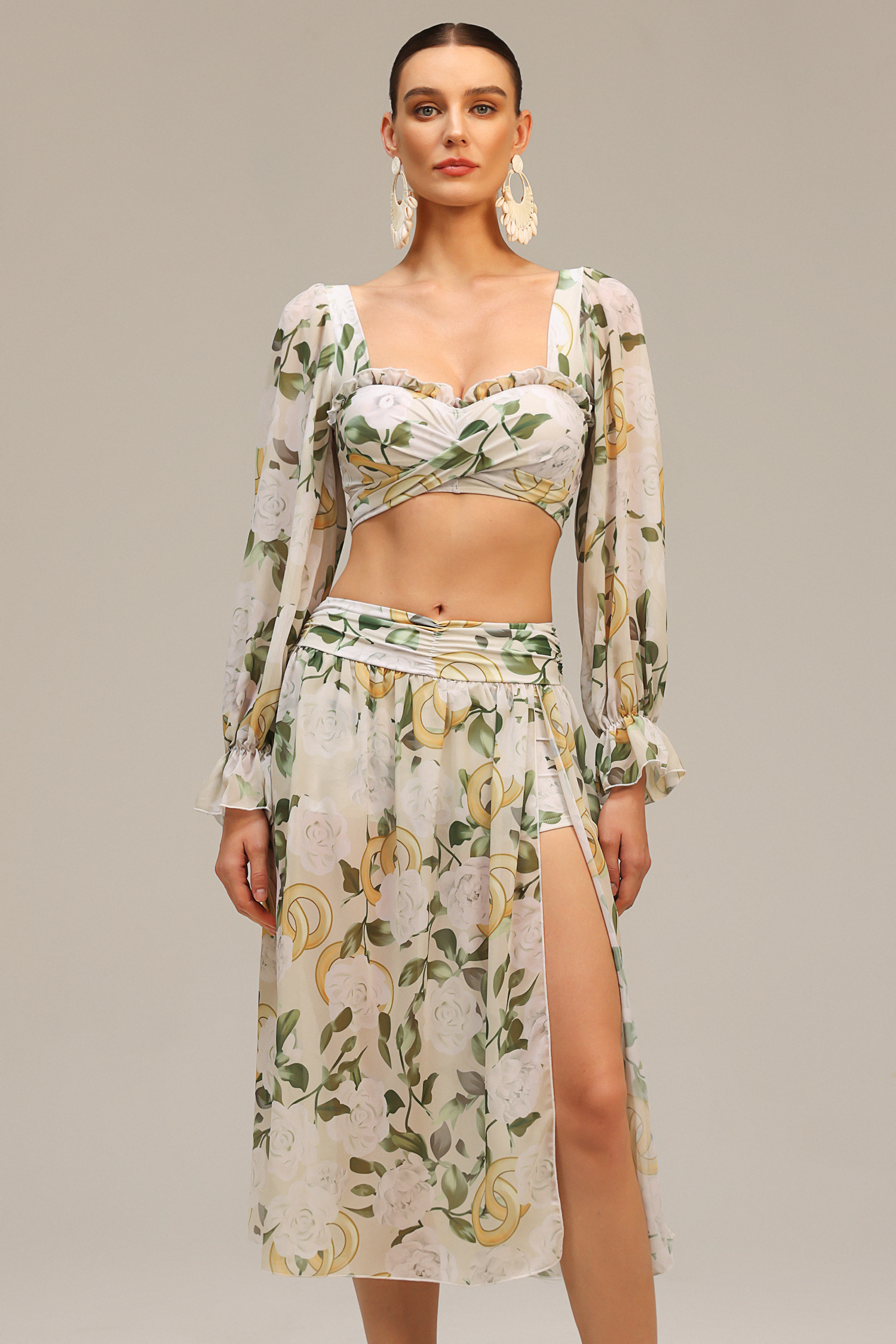 Zeno Long Sleeves Floral Printed Slit Top And Skirt Two-Piece Set