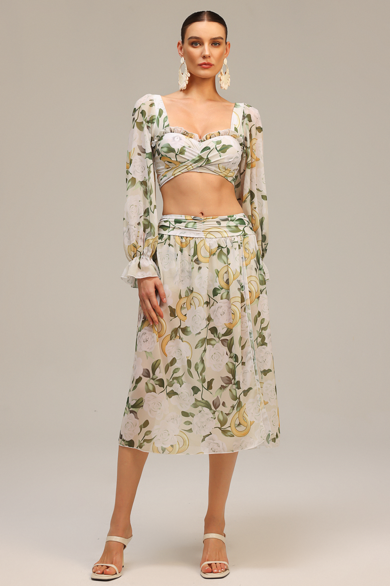 Zeno Long Sleeves Floral Printed Slit Top And Skirt Two-Piece Set