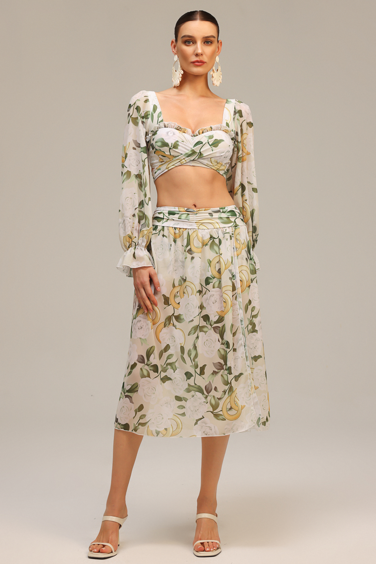 Zeno Long Sleeves Floral Printed Slit Top And Skirt Two-Piece Set