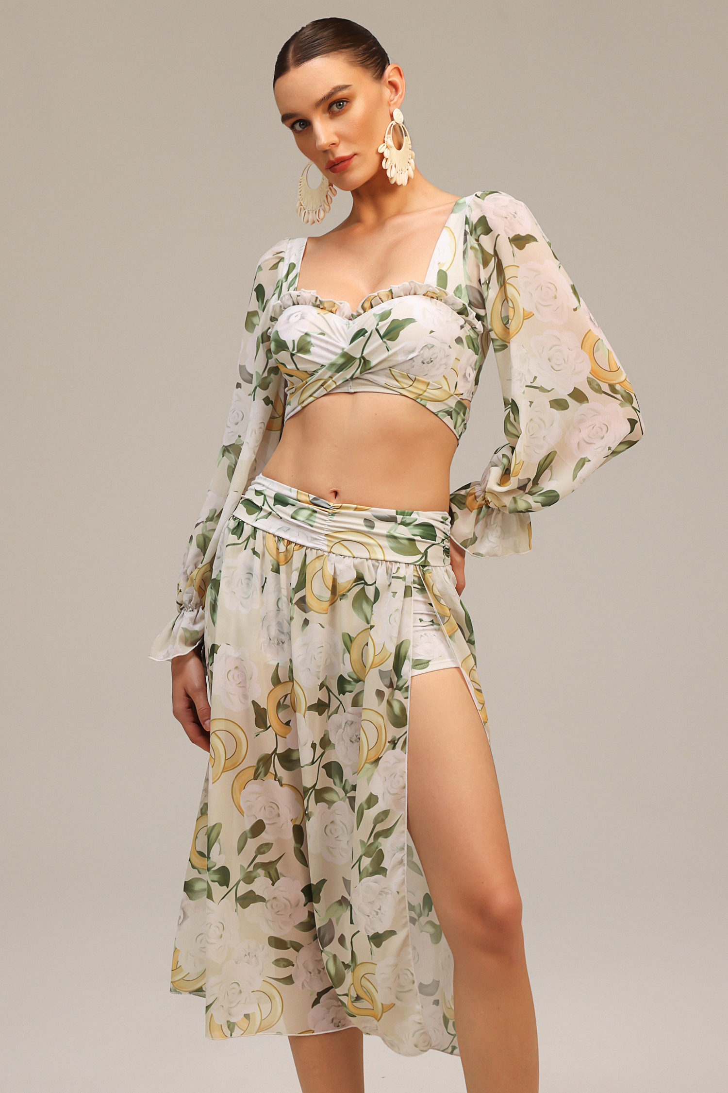 Zeno Long Sleeves Floral Printed Slit Top And Skirt Two-Piece Set