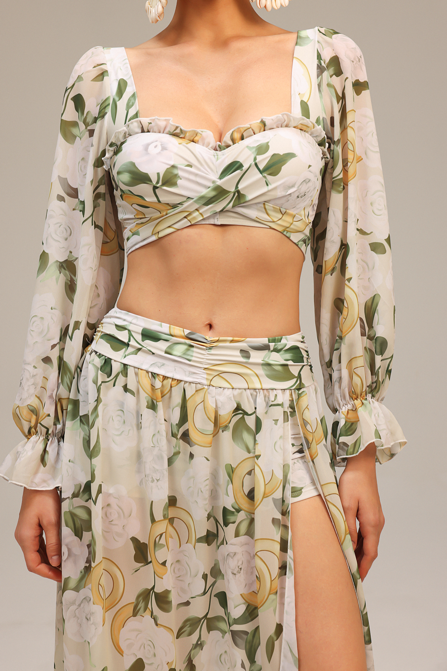 Zeno Long Sleeves Floral Printed Slit Top And Skirt Two-Piece Set