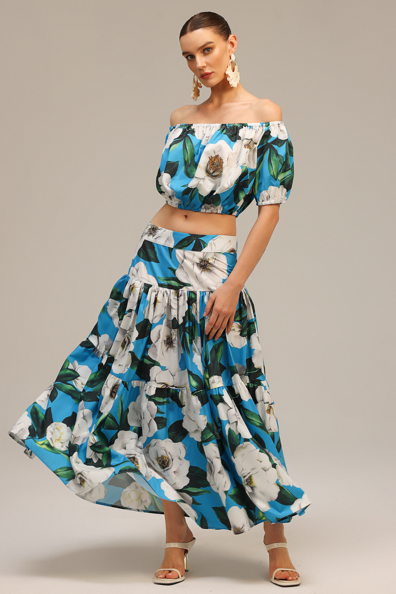 Nikola Off-The-Shoulder Floral Printed Top And Skirt Two-Piece Set