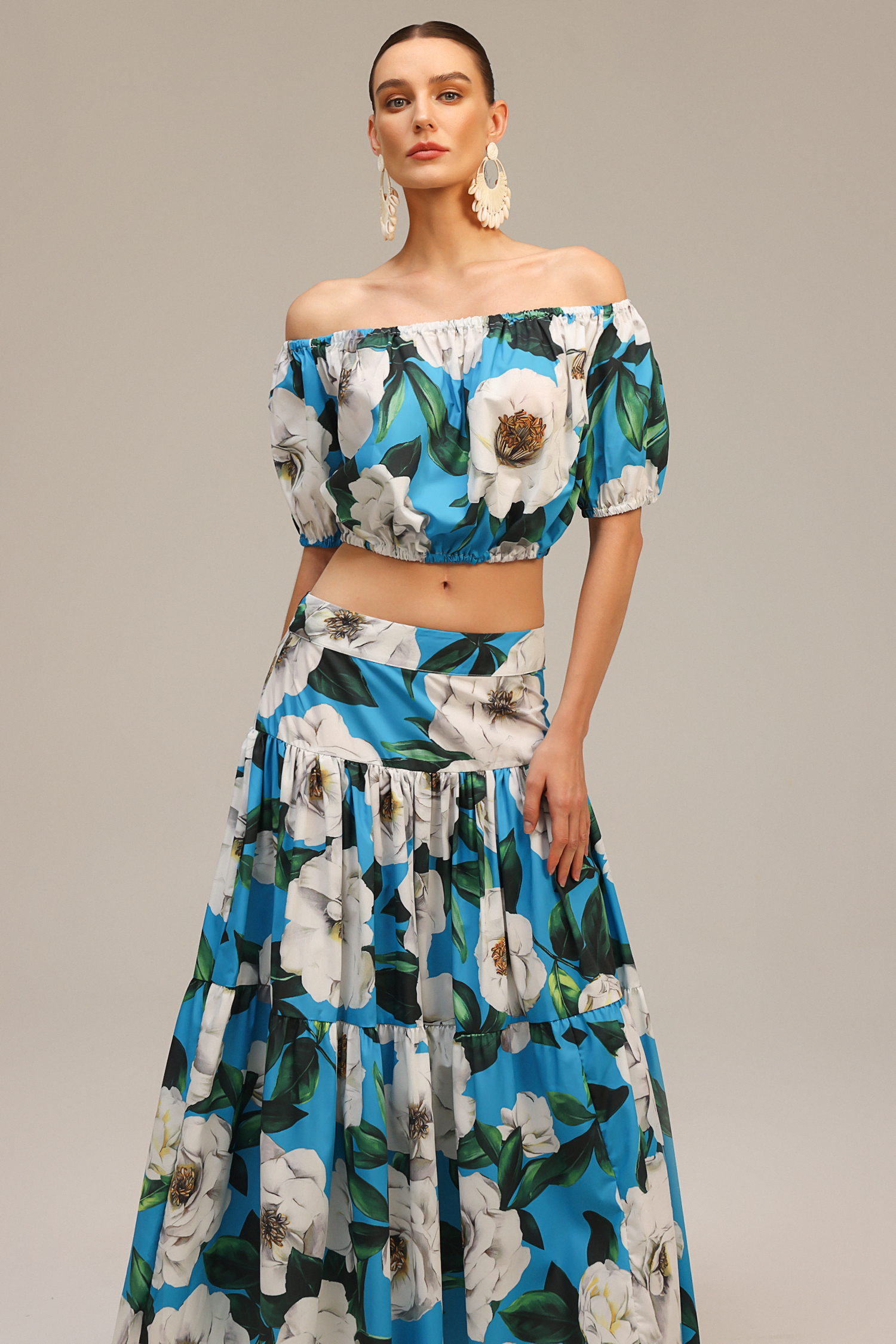Nikola Off-The-Shoulder Floral Printed Top And Skirt Two-Piece Set