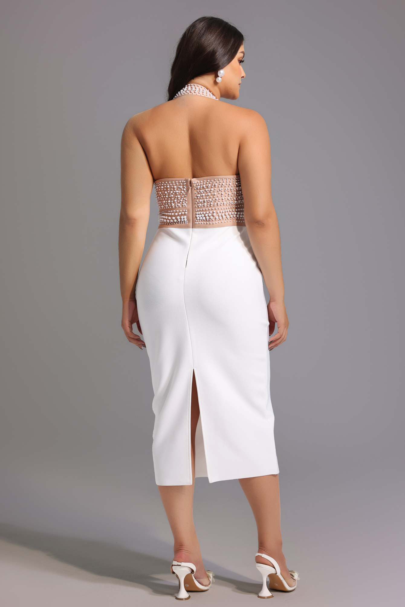 Cornelia Pearl Halter Bandage Dress - Beige