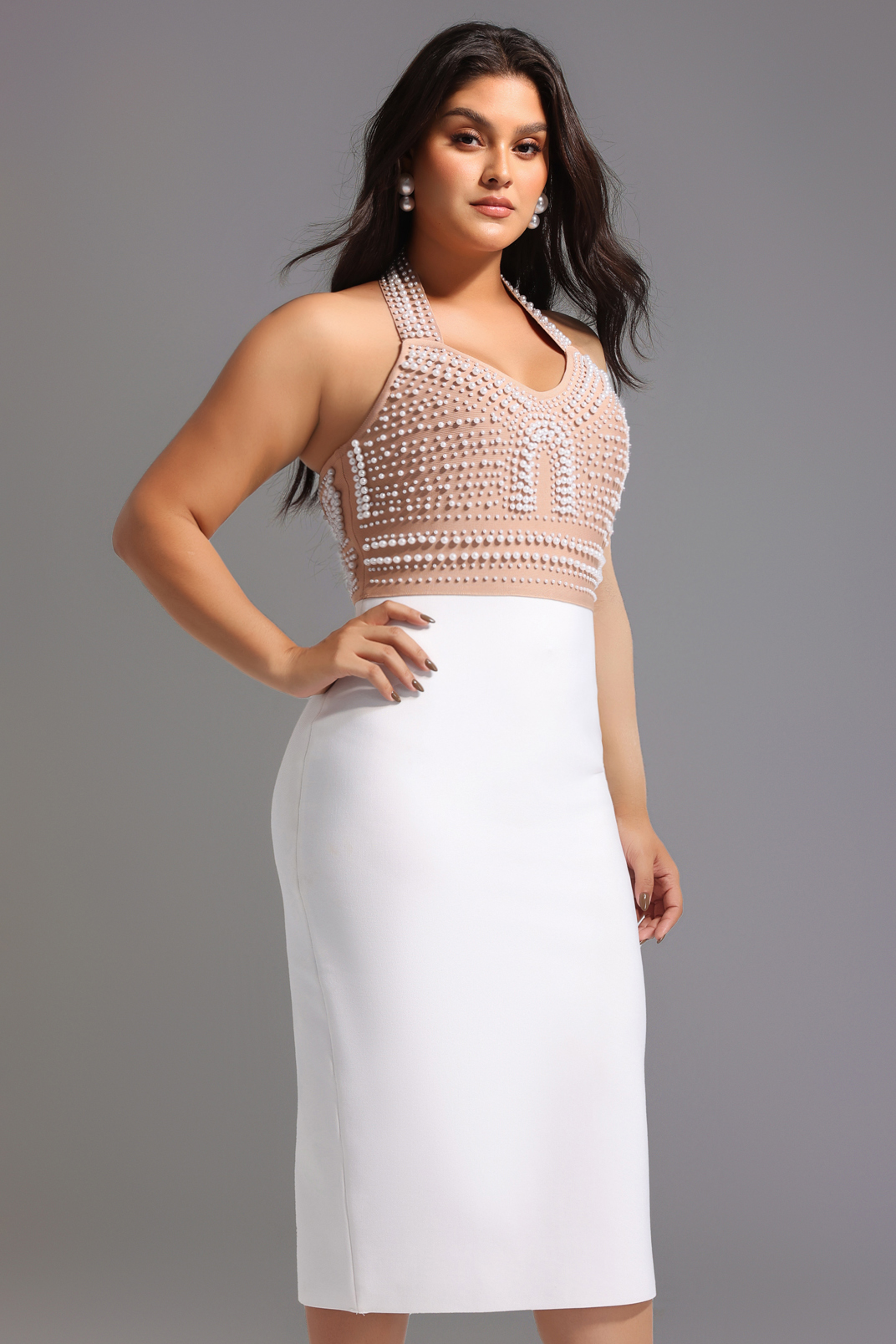 Cornelia Pearl Halter Bandage Dress - Beige