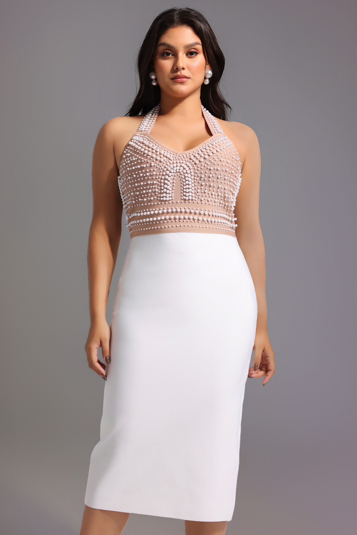 Cornelia Pearl Halter Bandage Dress - Beige