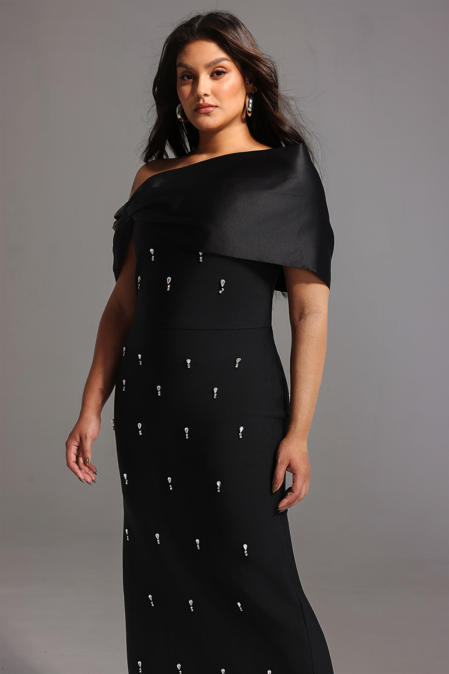 Palez Sleeveless One Shoulder Diamond Bow Bandage Maxi Dress