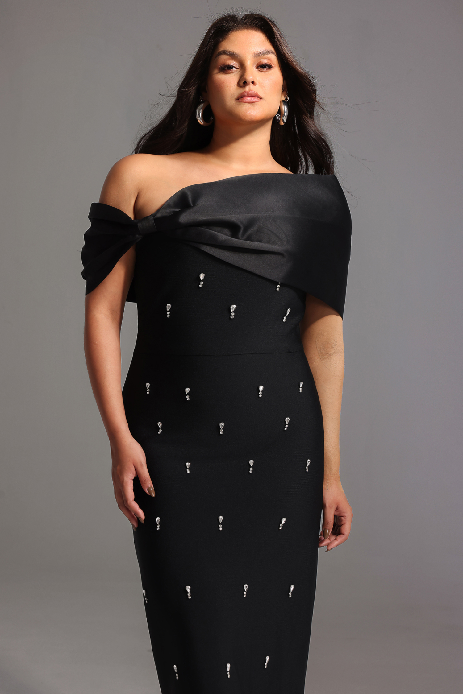 Palez Sleeveless One Shoulder Diamond Bow Bandage Maxi Dress