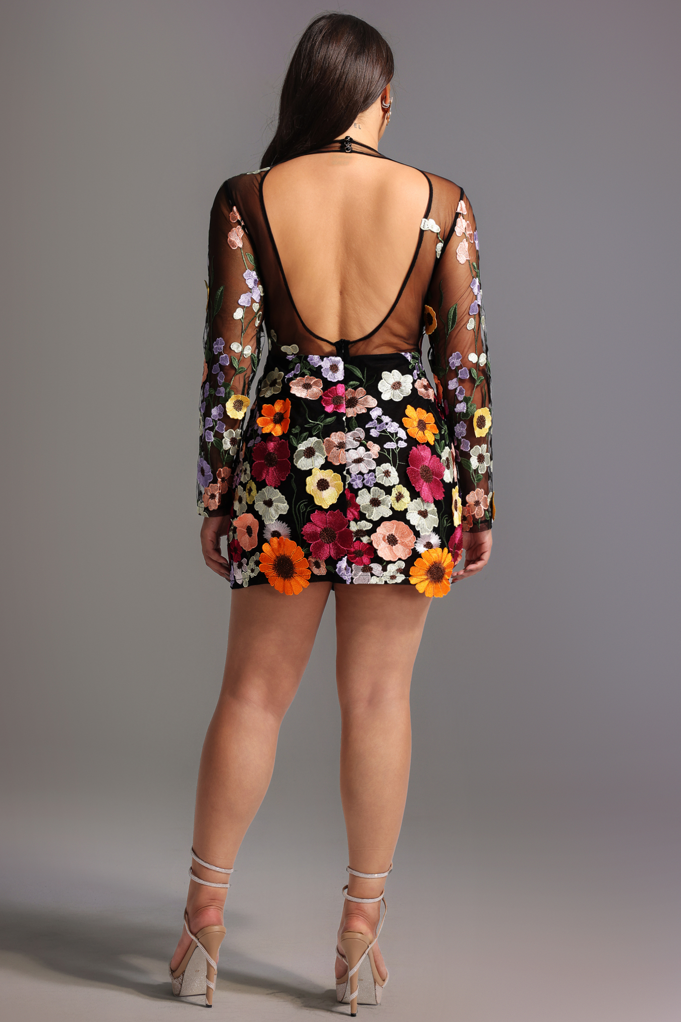 Gricely Long Sleeve Flowers Backless Mini Dress