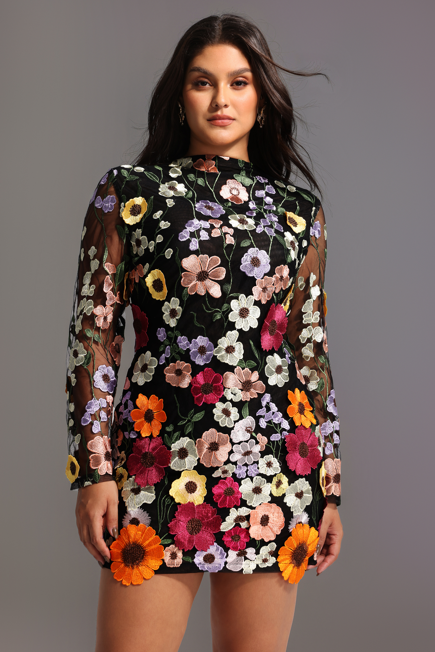 Gricely Long Sleeve Flowers Backless Mini Dress – Bellabarnett