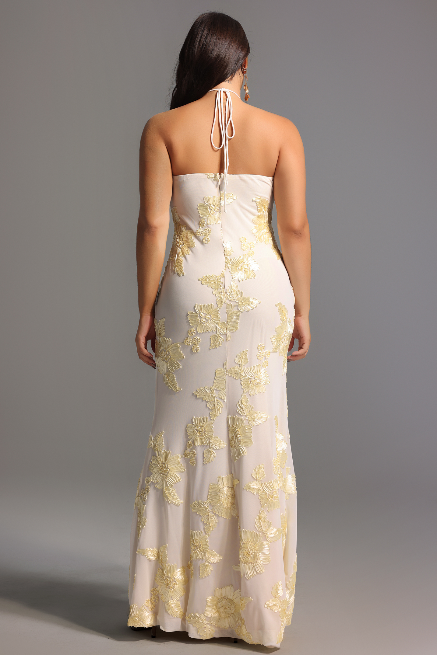 Griselda Flower Halter Embroidery Maxi Dress - White