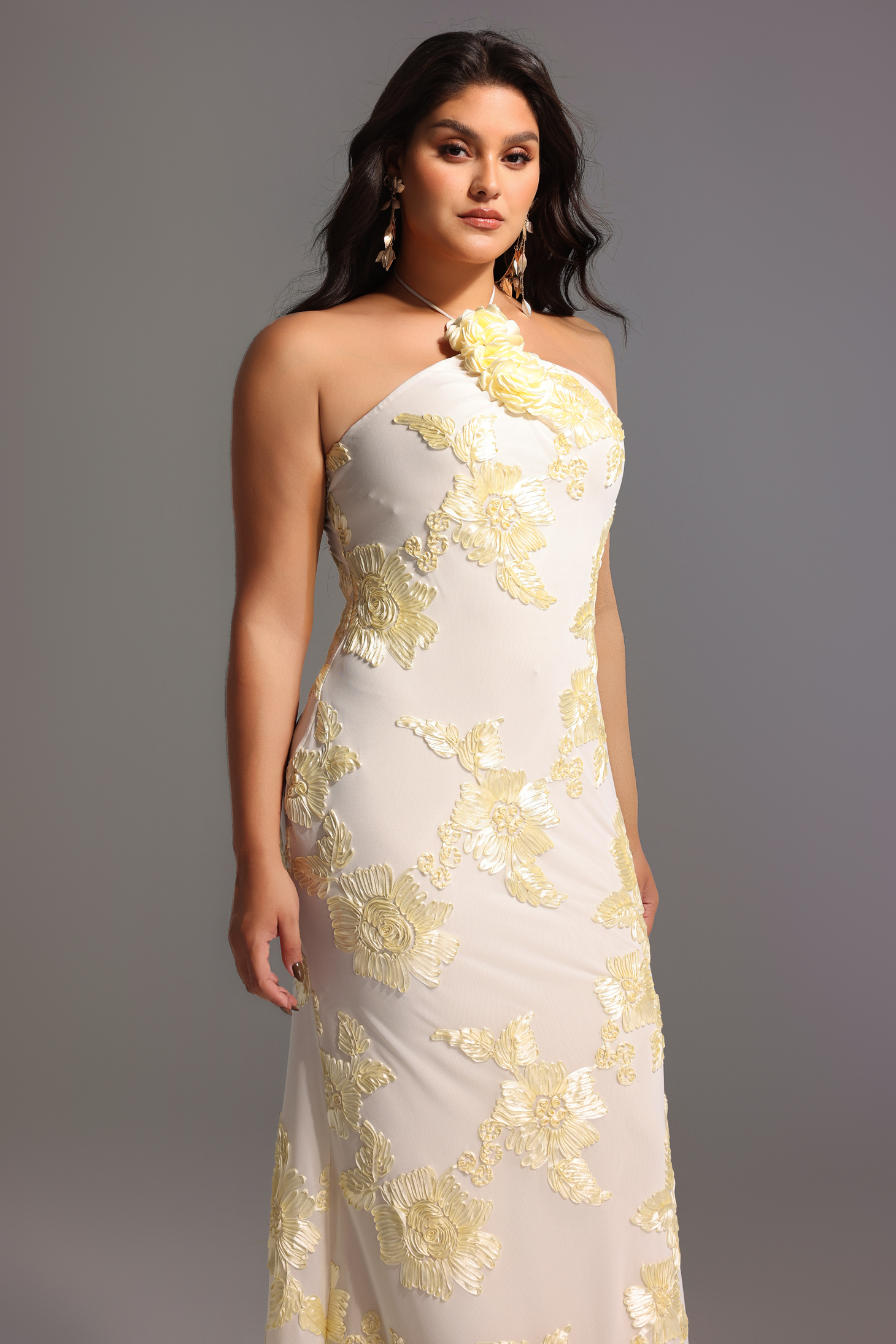 Griselda Flower Halter Embroidery Maxi Dress - White