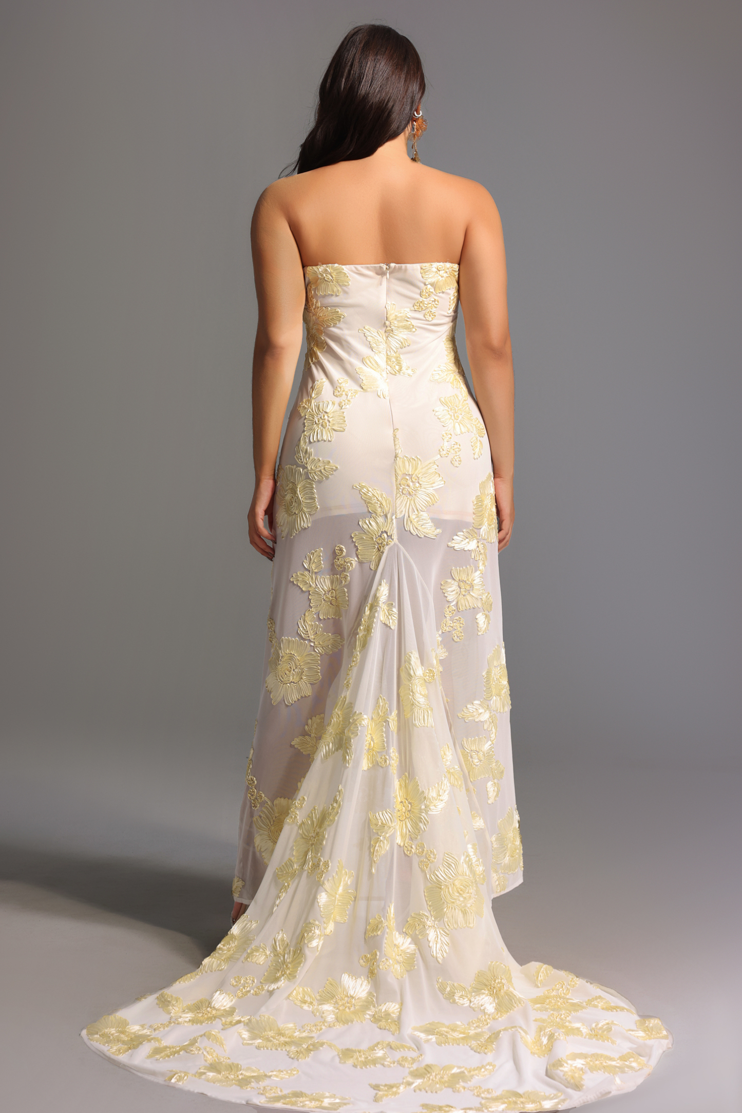 Deliyn Strapless Embroidery Flower Mesh Maxi Dress