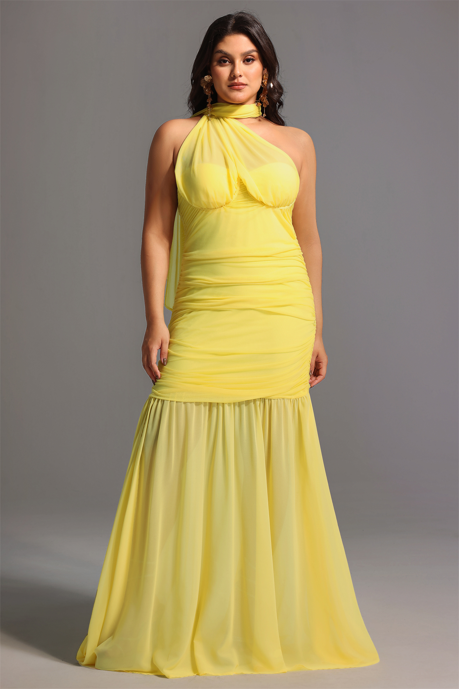 Ulasa Sleeveless Ruched Mesh Maxi Dress