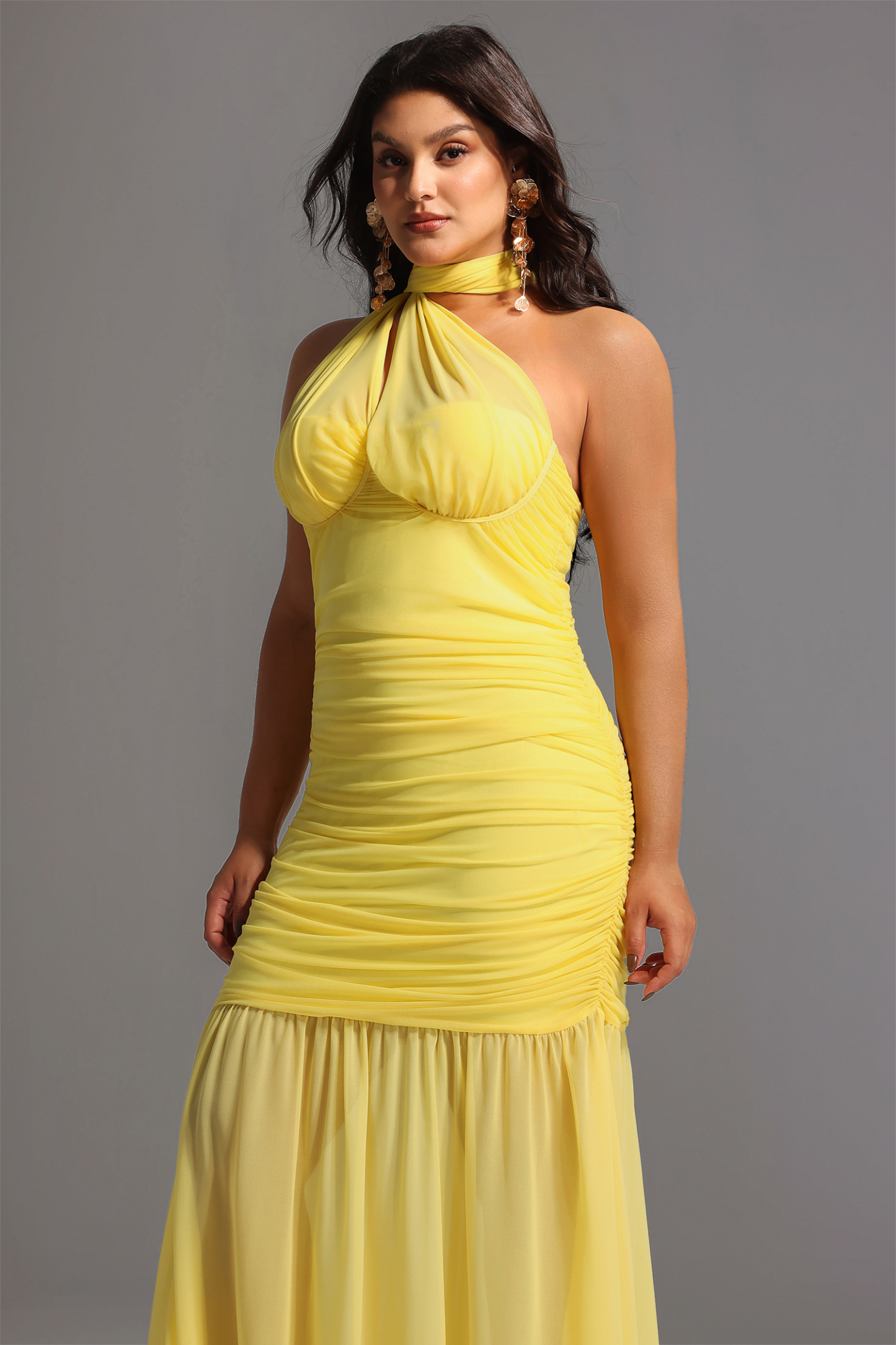 Ulasa Sleeveless Ruched Mesh Maxi Dress