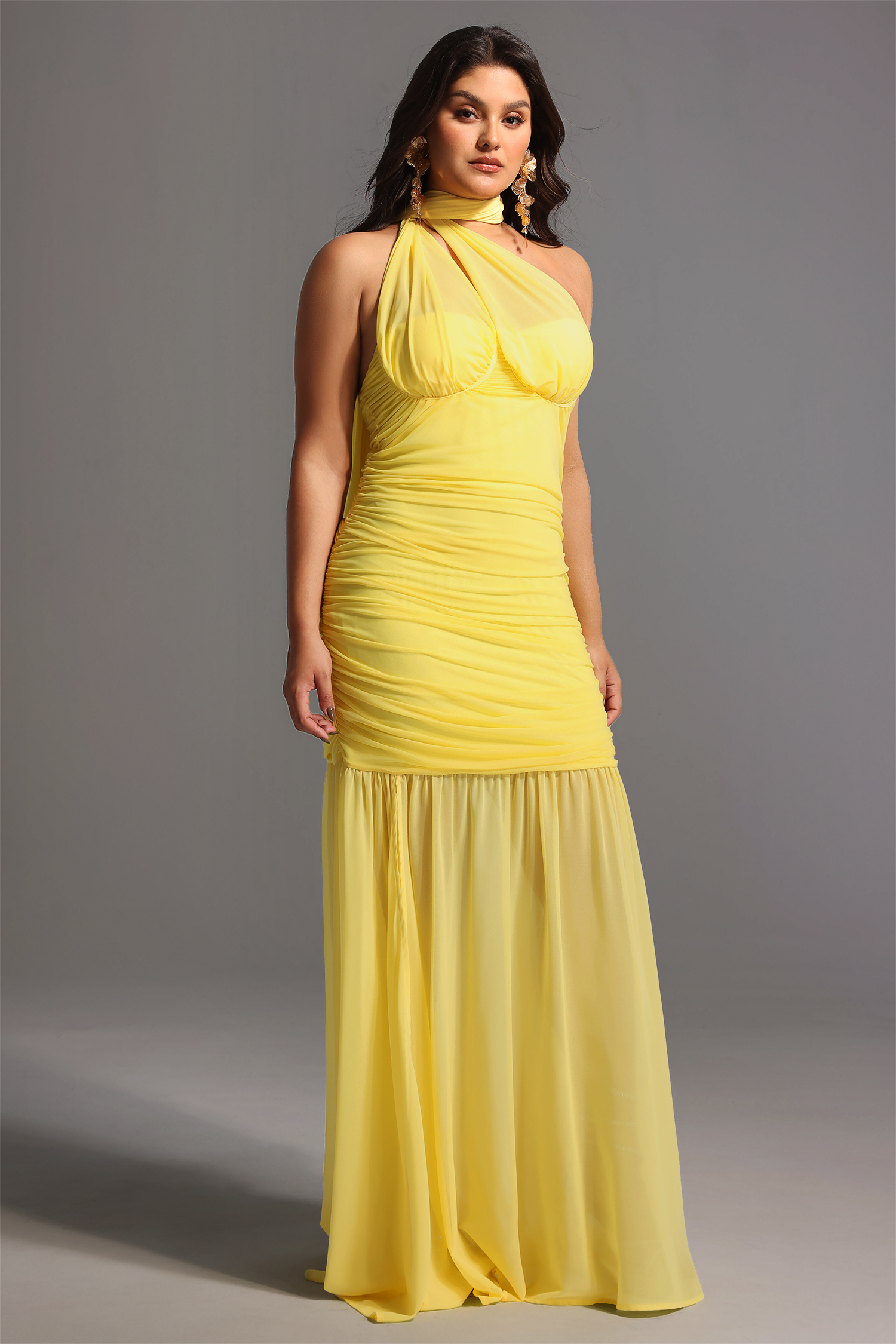 Ulasa Sleeveless Ruched Mesh Maxi Dress