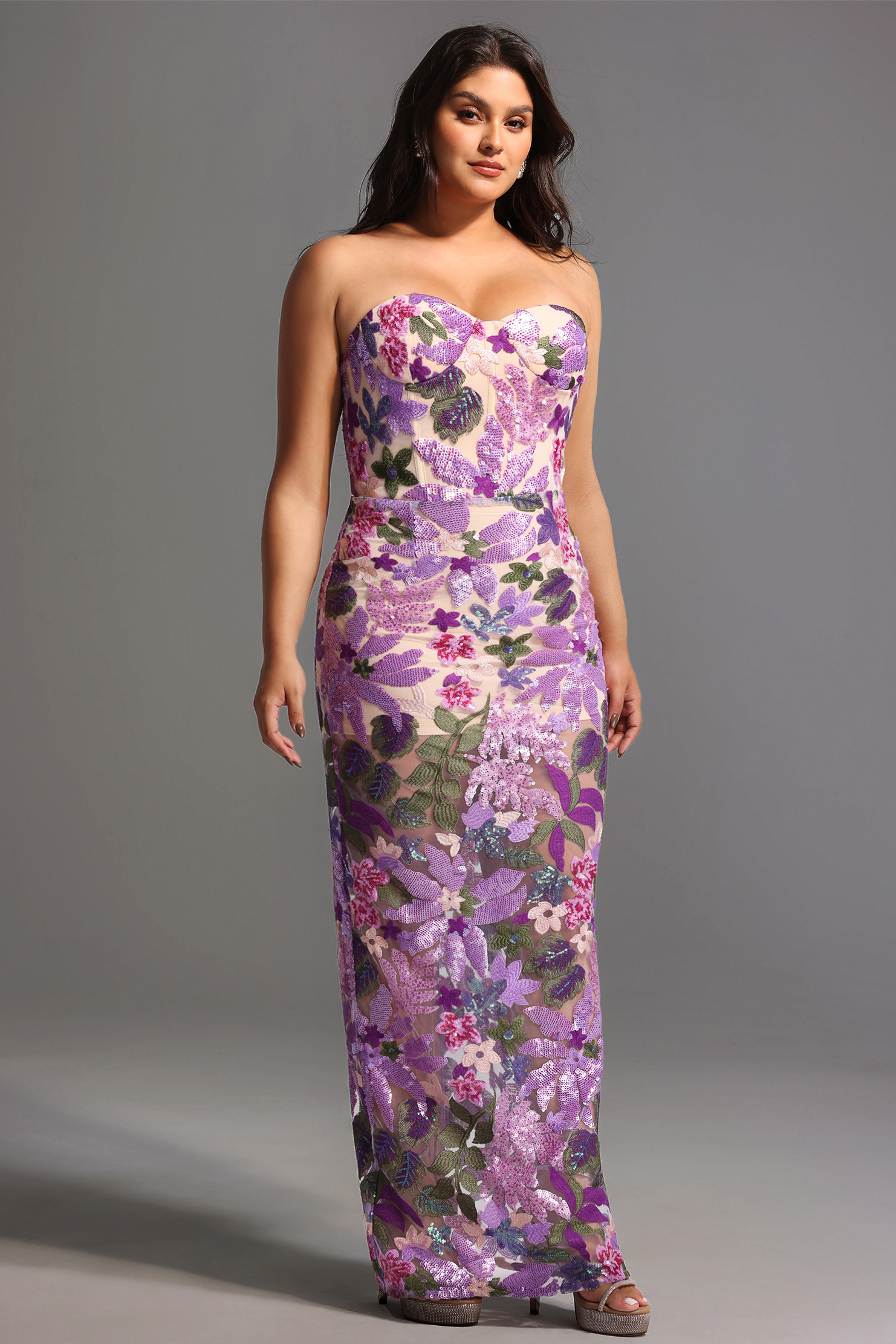 花卉34 Eugenia Flower Sequins Strapless Mesh Dress - Purple