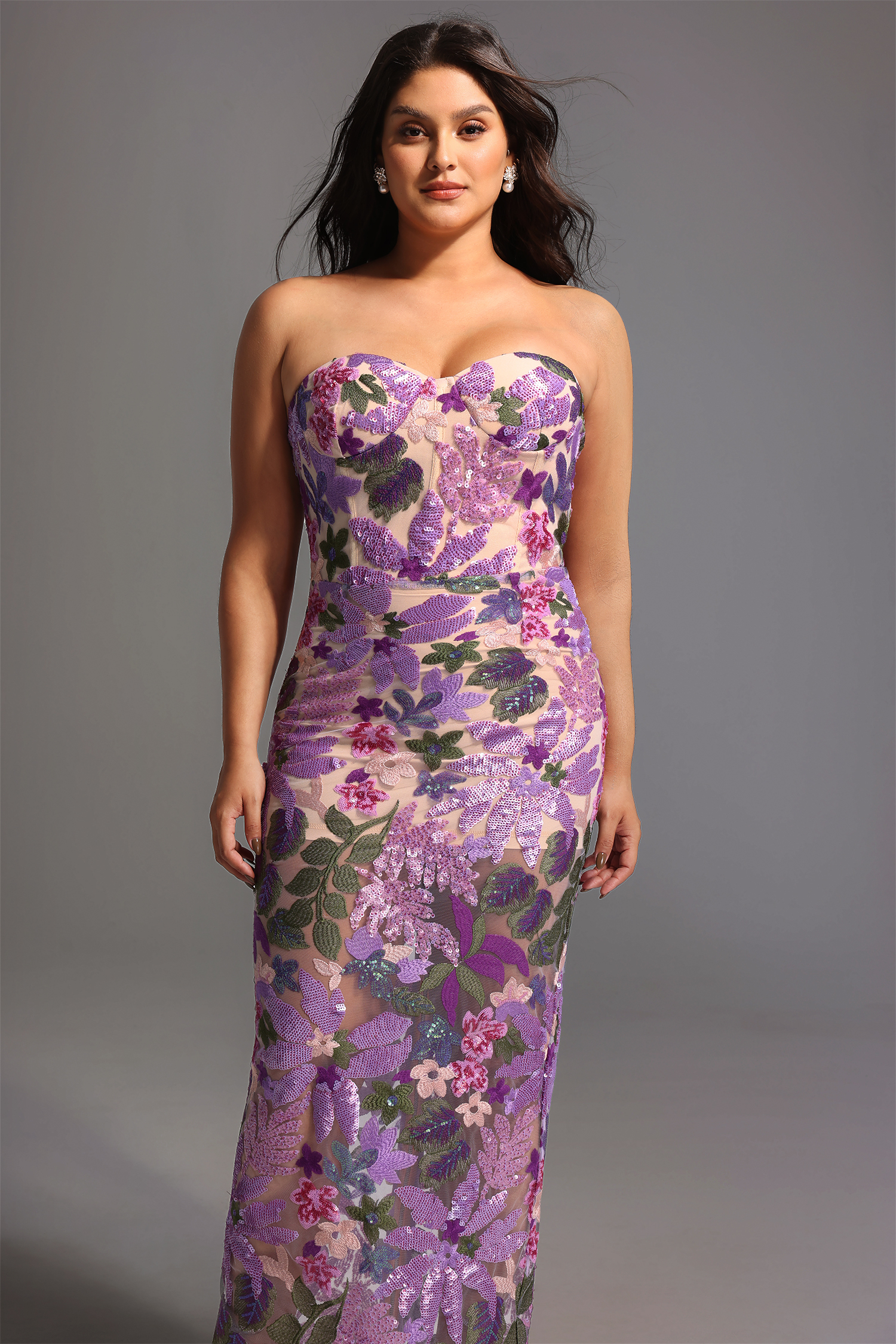 Eugenia Flower Sequins Strapless Mesh Dress - Purple