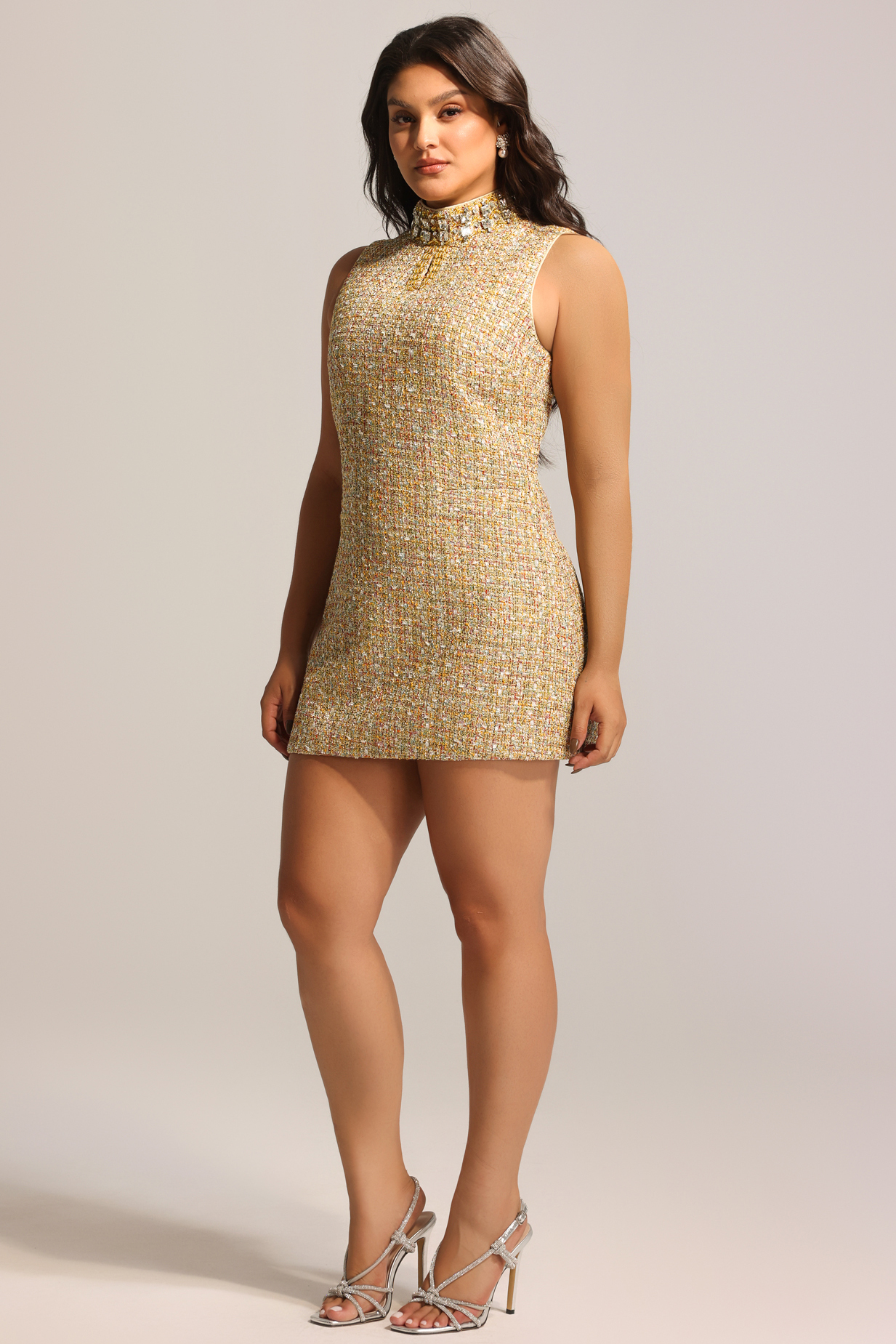 Jillian Diamond Mid-Neck Sleeveless Tweed Mini Dress