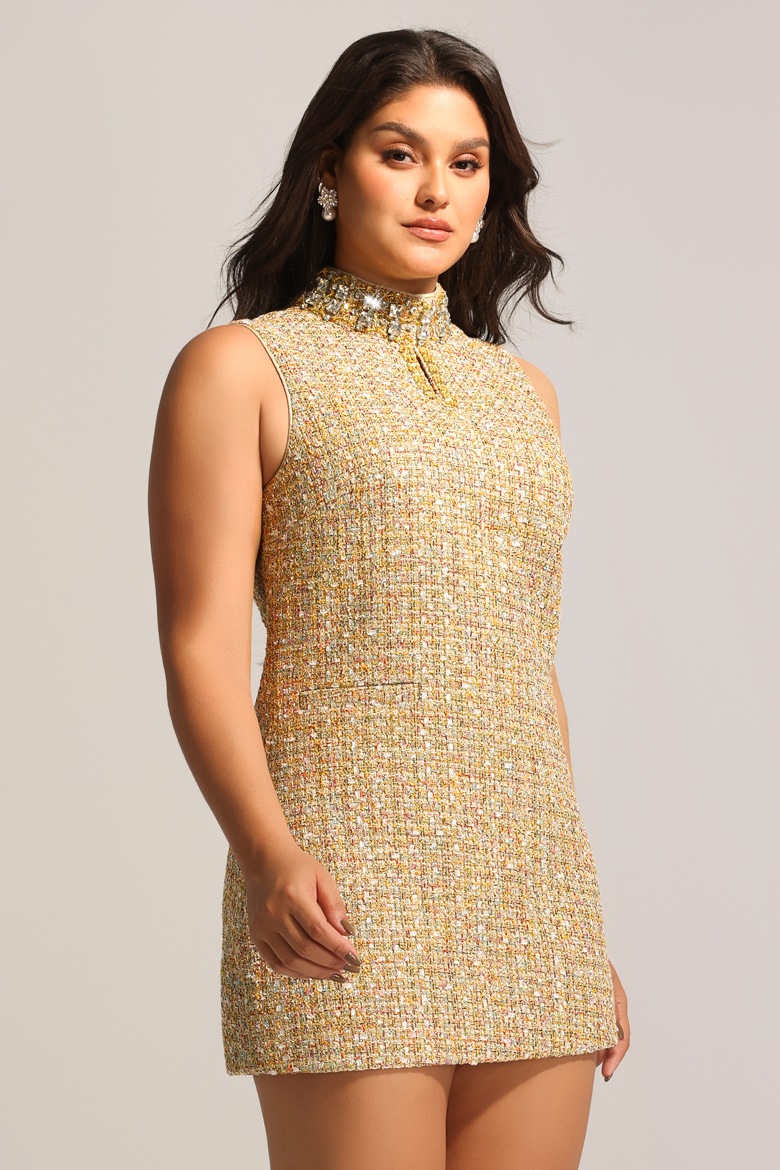 Jillian Diamond Mid-Neck Sleeveless Tweed Mini Dress