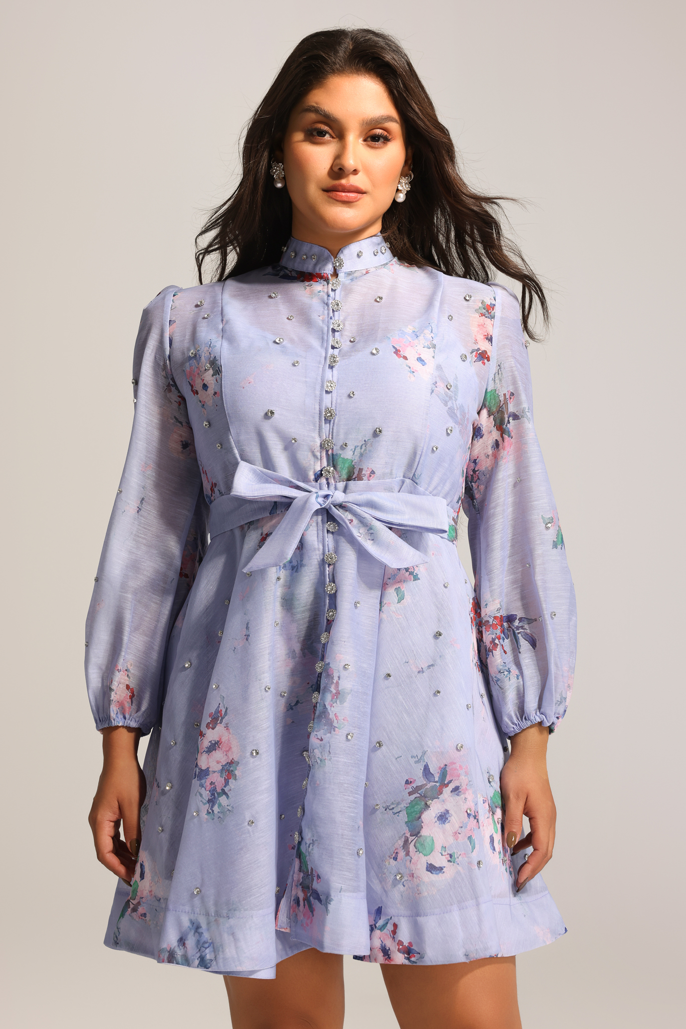Riza Diamond Floral Printed Long Sleeves Mini Dress