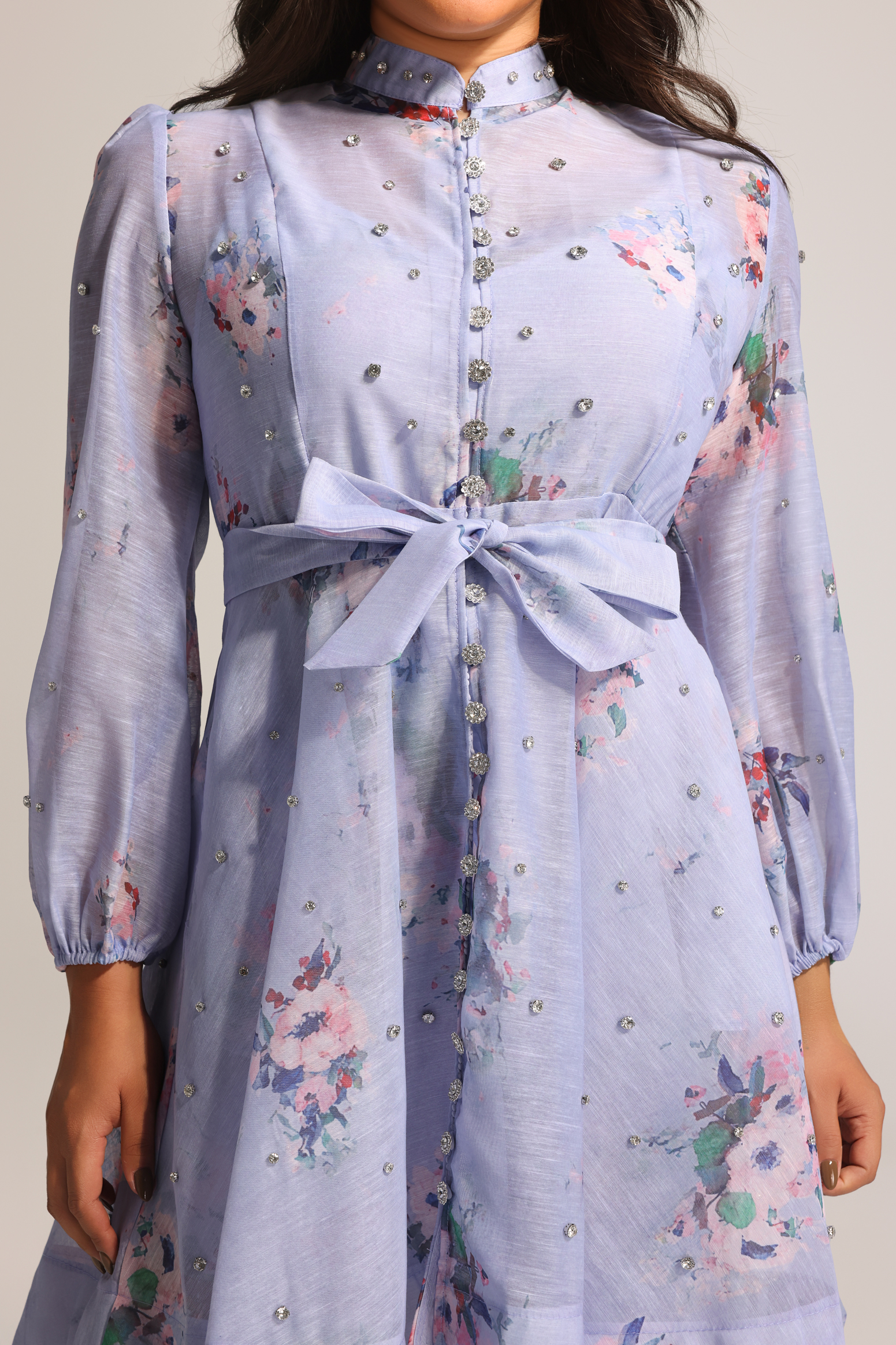 Riza Diamond Floral Printed Long Sleeves Mini Dress