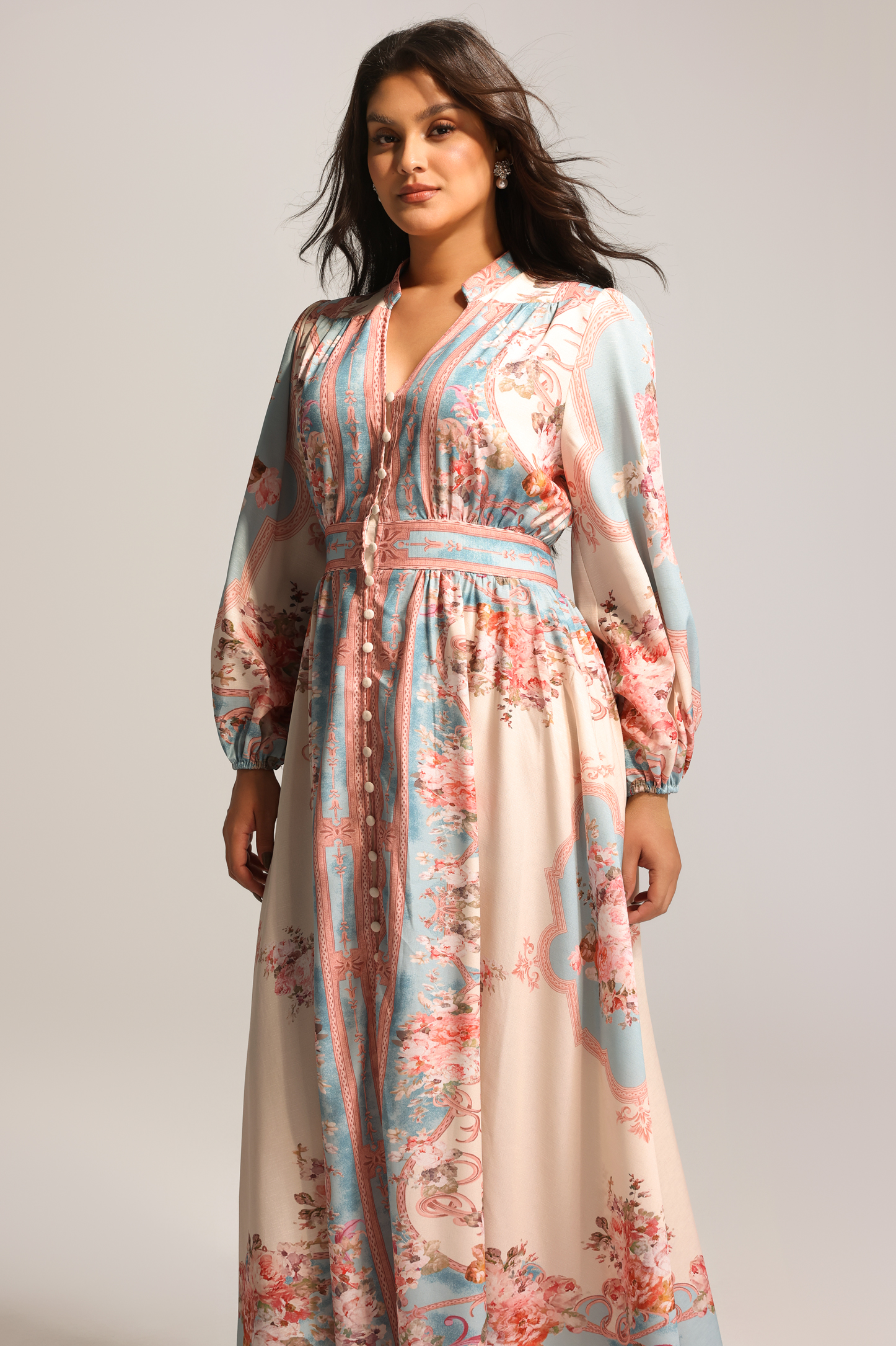 Dorte Long Sleeve Floral Printed Maxi Dress