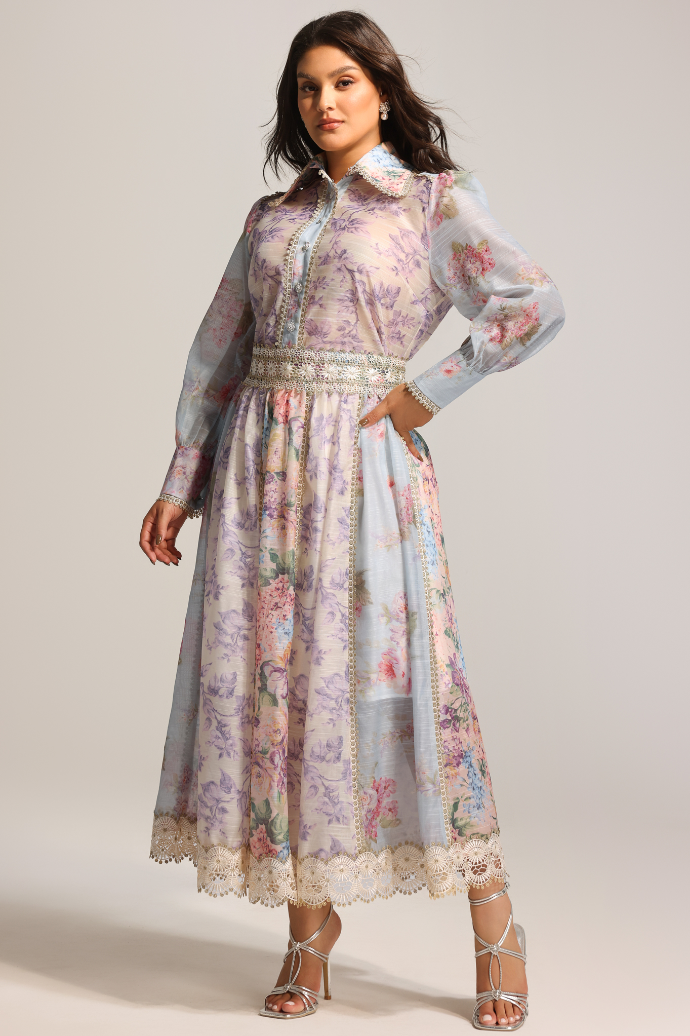 Ruby Long Sleeve Floral Printed Lace Top And Skirt Two-Piece Set