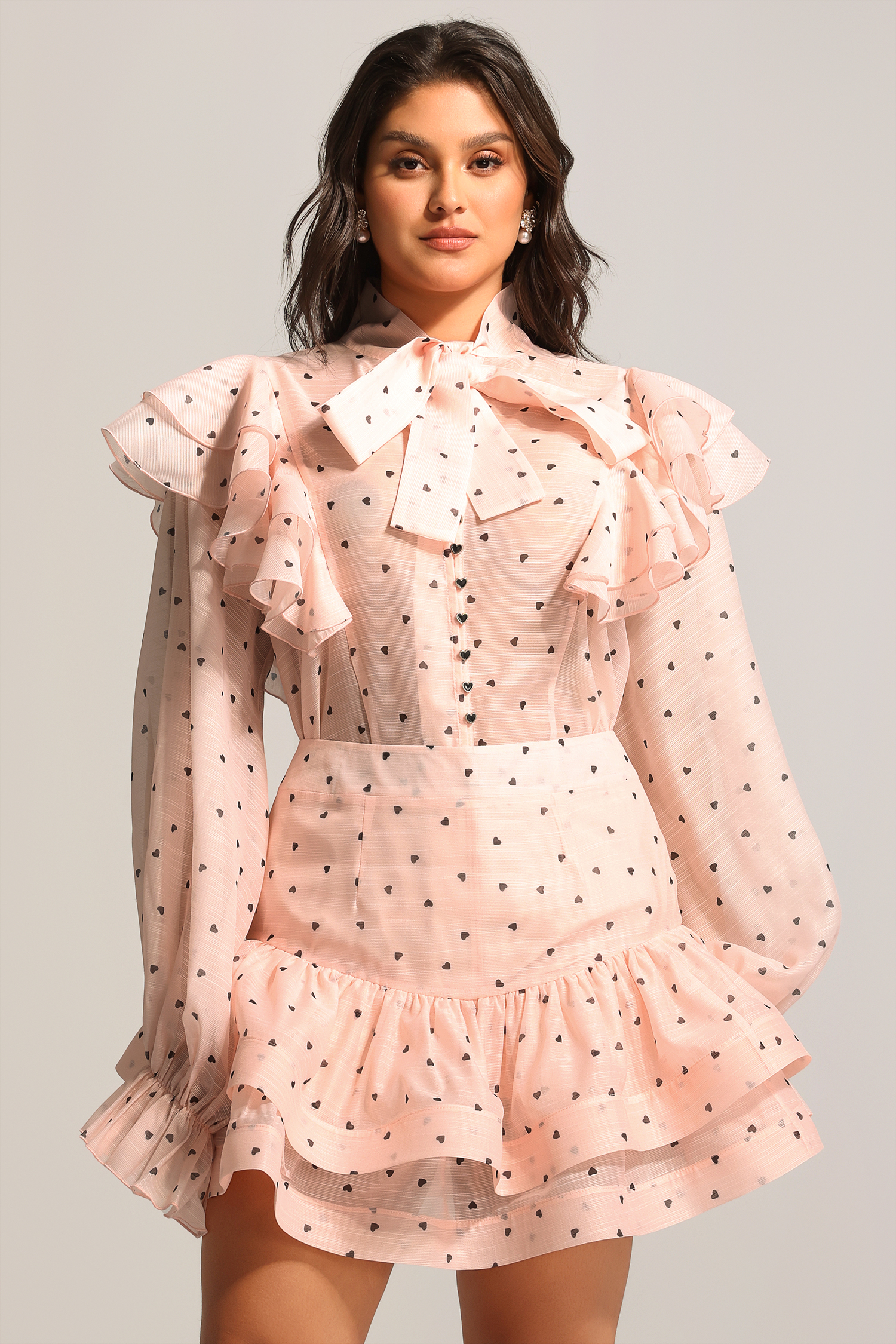 Sahara Rufflede Dot Printed Bowknot Top And Skirt Two-Piece Set