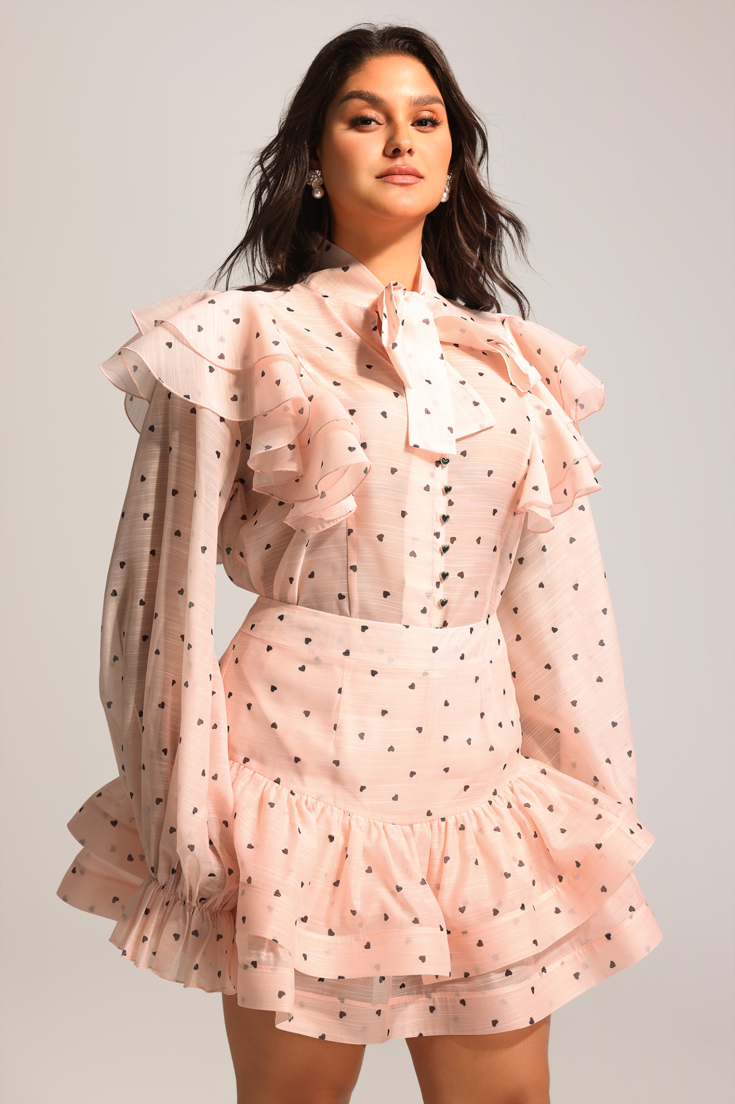 Sahara Rufflede Dot Printed Bowknot Top And Skirt Two-Piece Set