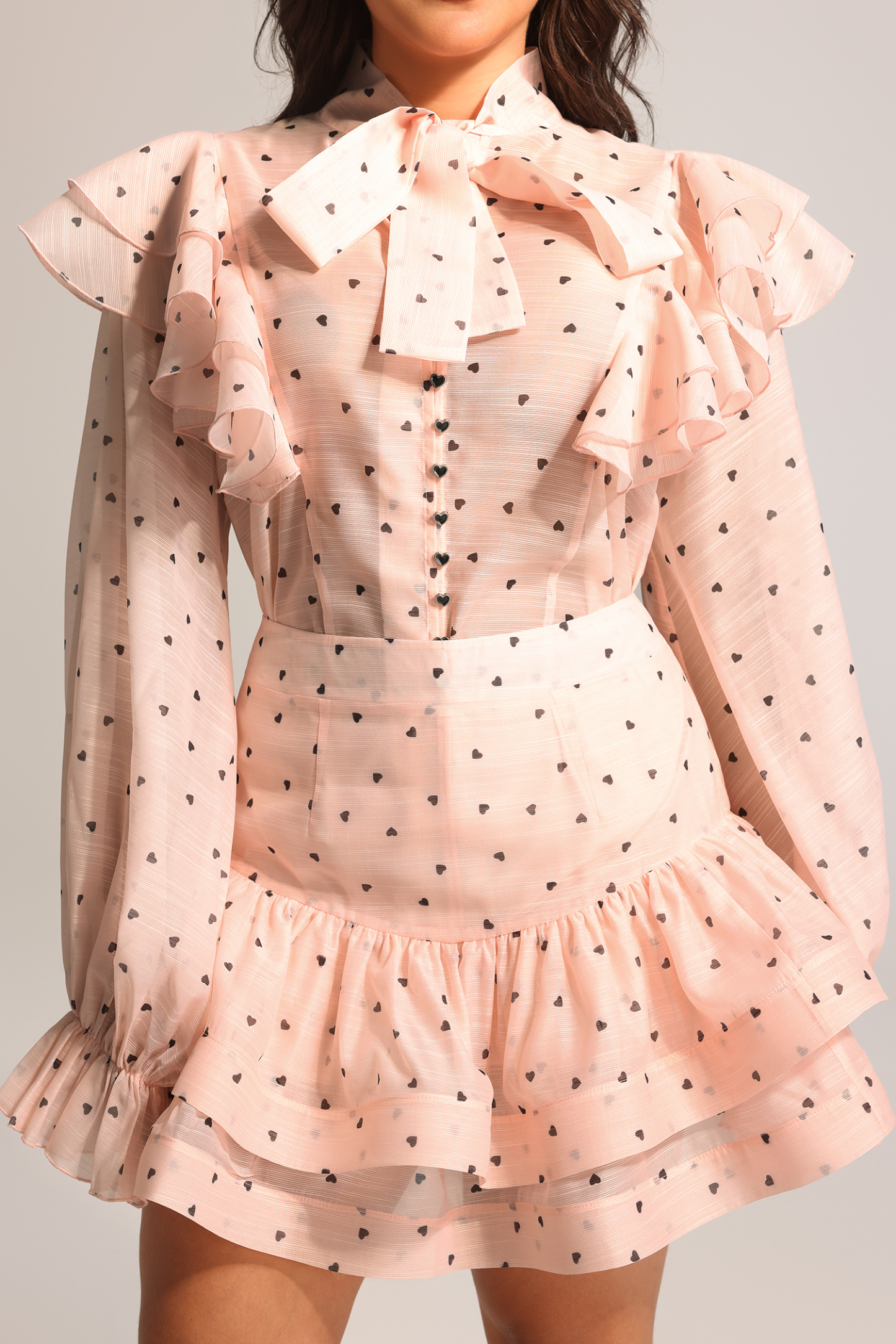 Sahara Rufflede Dot Printed Bowknot Top And Skirt Two-Piece Set