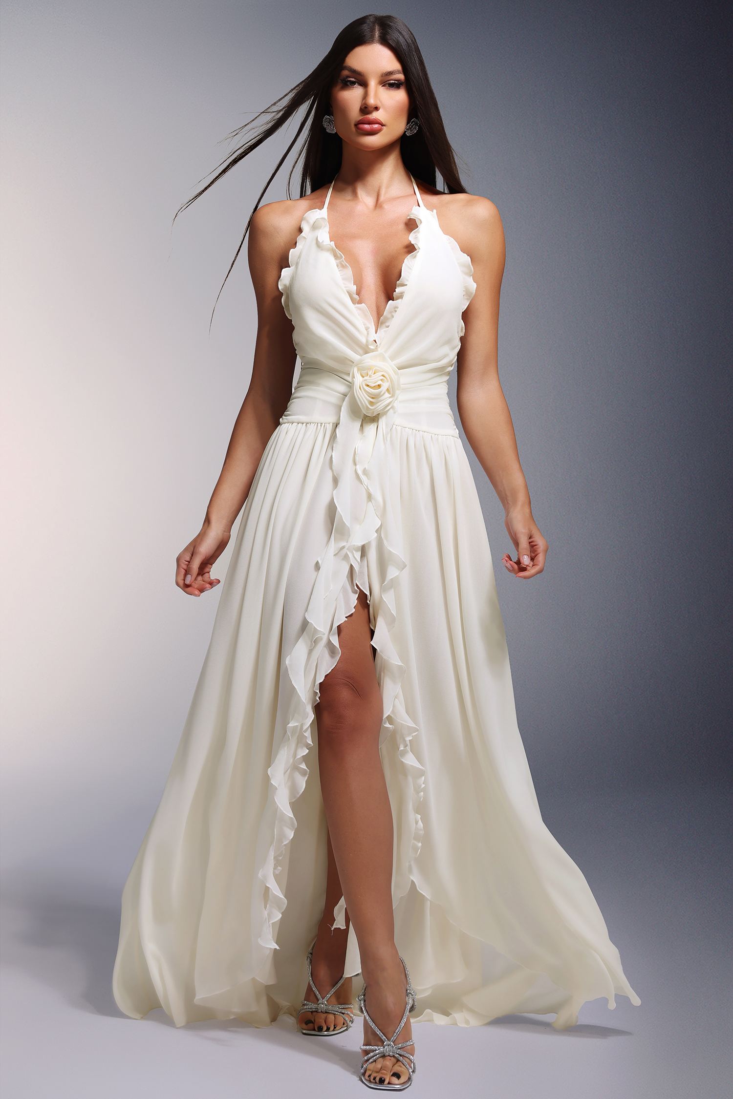 Ivy High Slit Deep-V Halter Flowers Maxi Dress