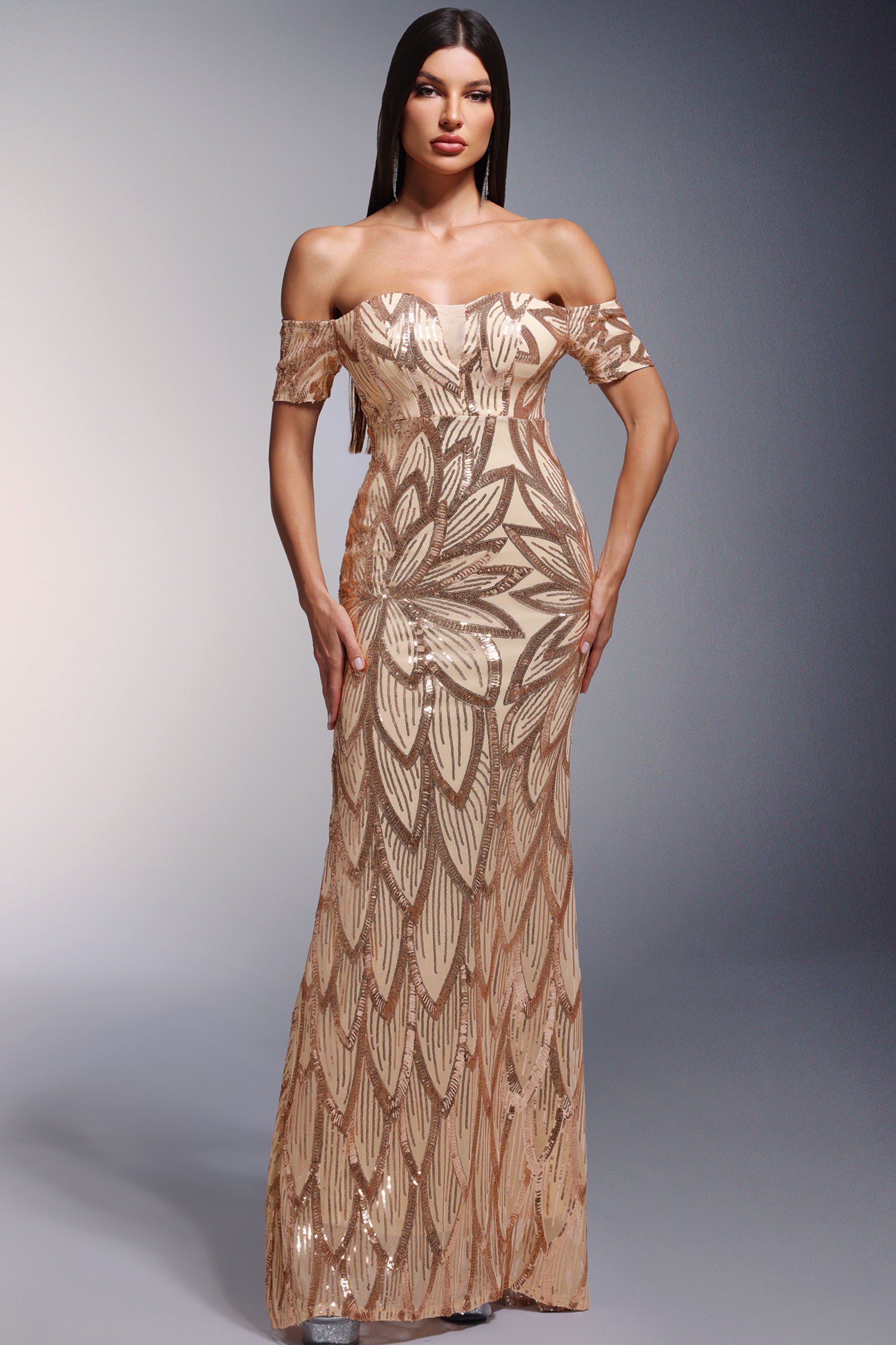 Easton Deep-V Sequins Off-the-Shoulder Maxi Dress