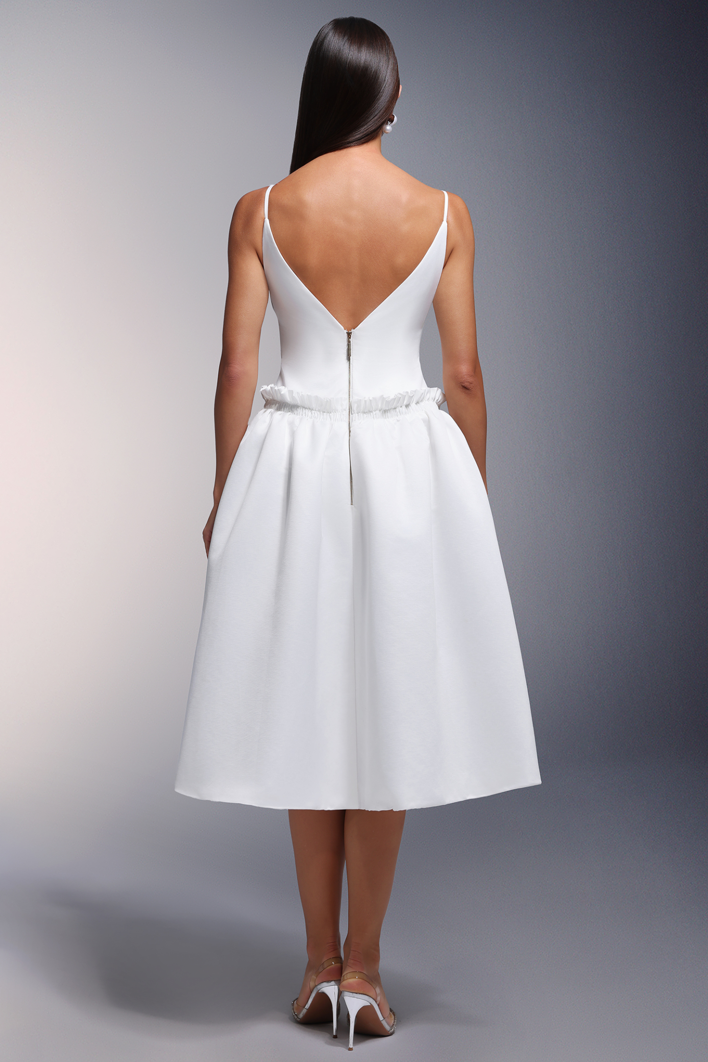 Tutti Deep-V Fold Falbala Midi Dress