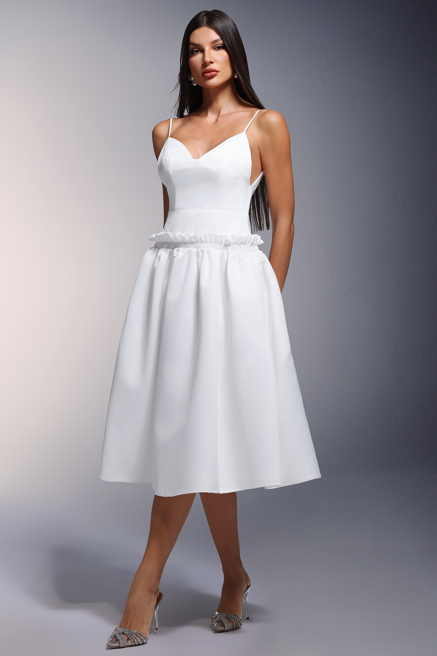 Tutti Deep-V Fold Falbala Midi Dress