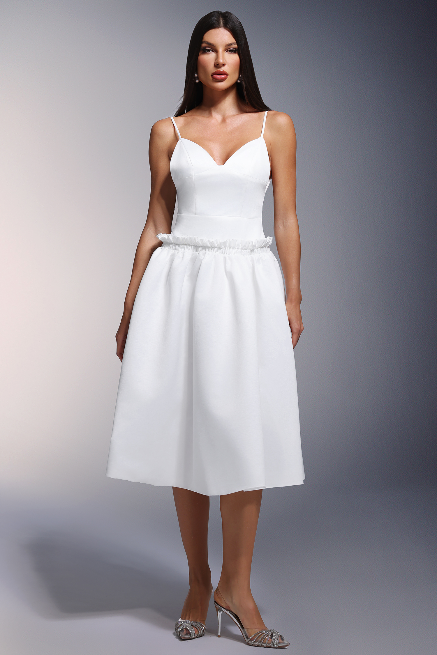 Tutti Deep-V Fold Falbala Midi Dress