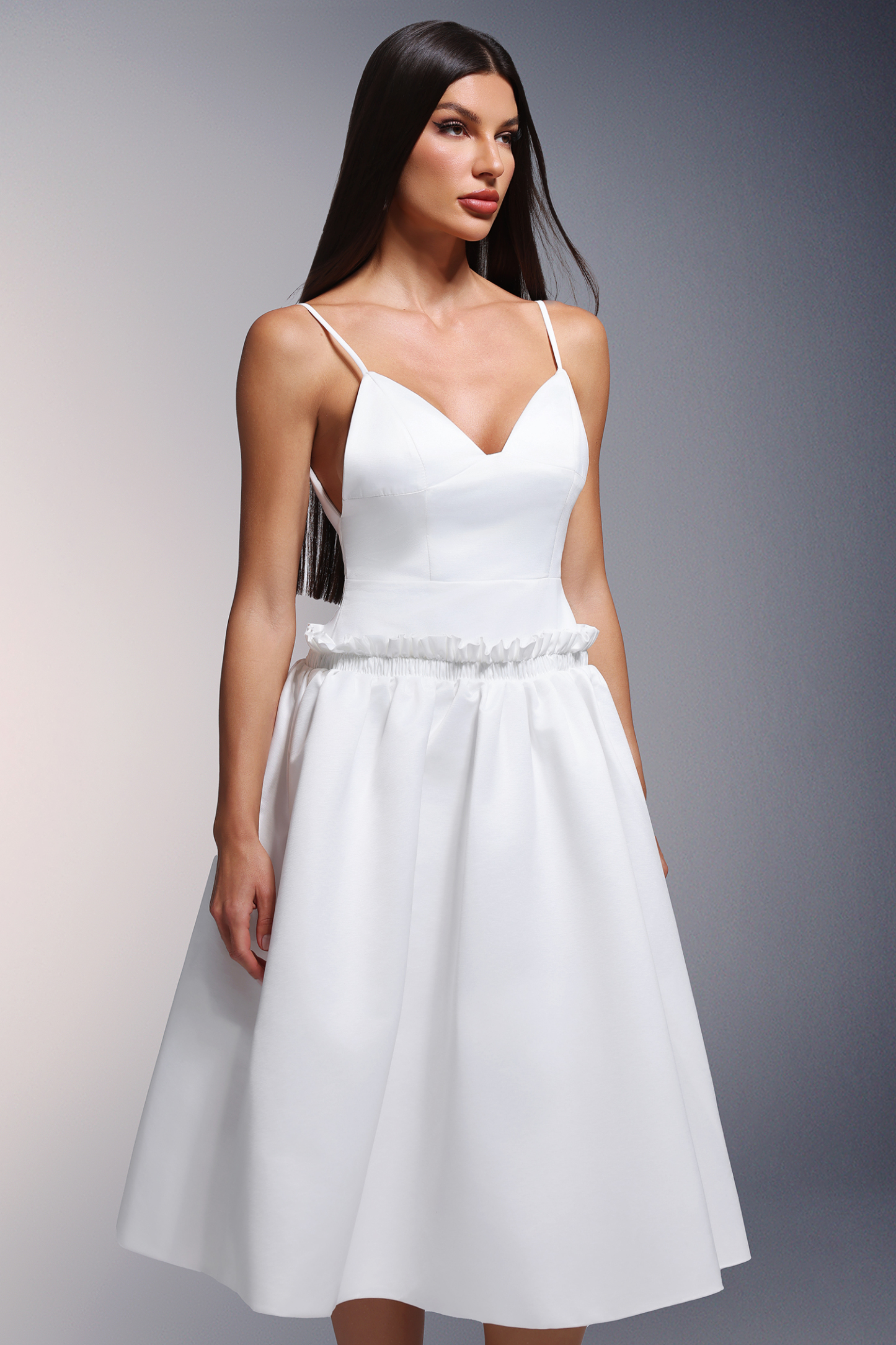 Tutti Deep-V Fold Falbala Midi Dress