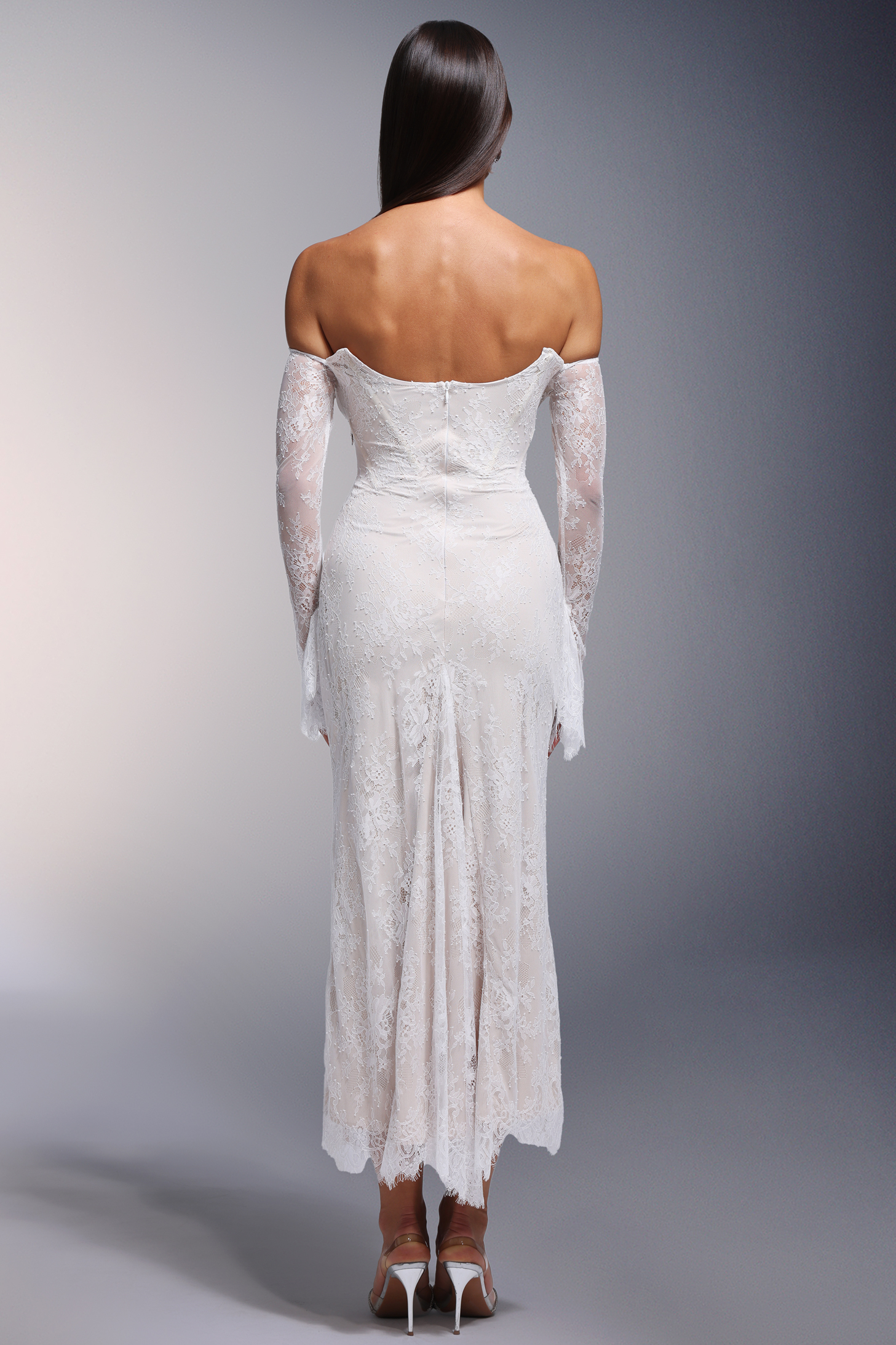 Dellis Off-the-Shoulder Pearl Lace Long Sleeves Maxi Dress