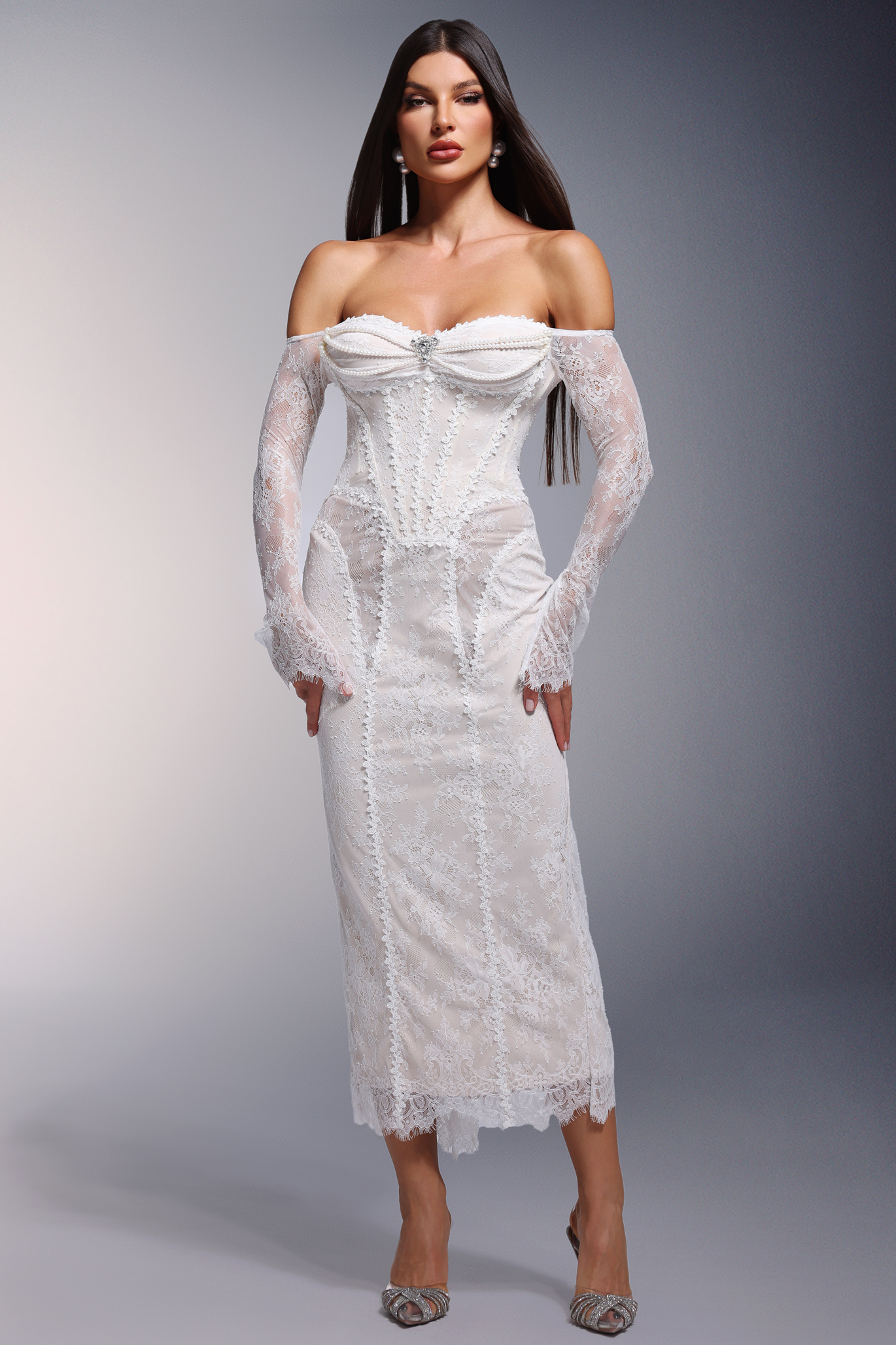 Dellis Off-the-Shoulder Pearl Lace Long Sleeves Maxi Dress