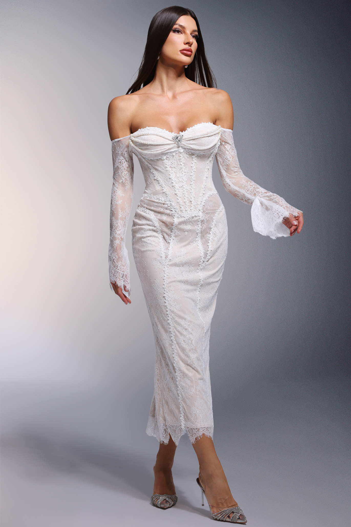 Dellis Off-the-Shoulder Pearl Lace Long Sleeves Maxi Dress