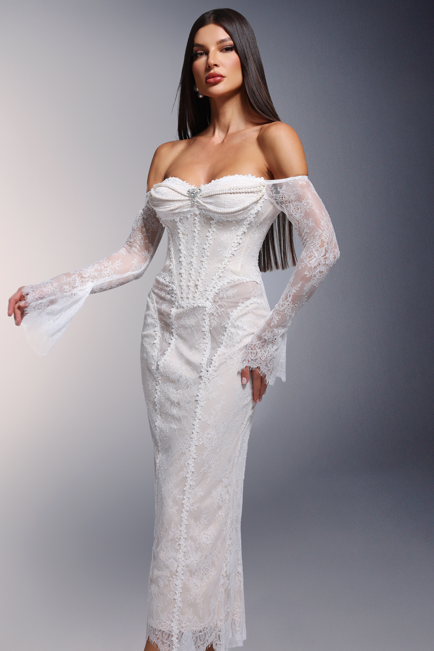 Dellis Off-the-Shoulder Pearl Lace Long Sleeves Maxi Dress