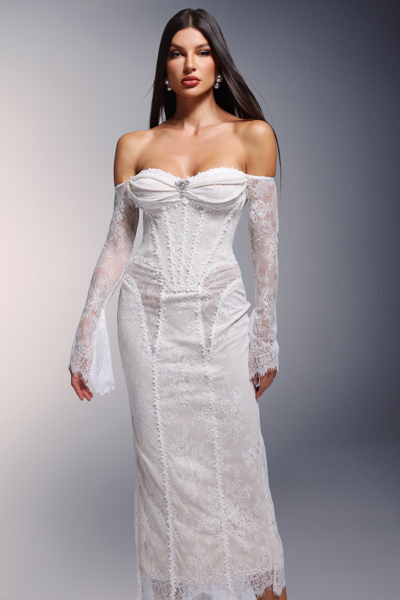Dellis Off-the-Shoulder Pearl Lace Long Sleeves Maxi Dress