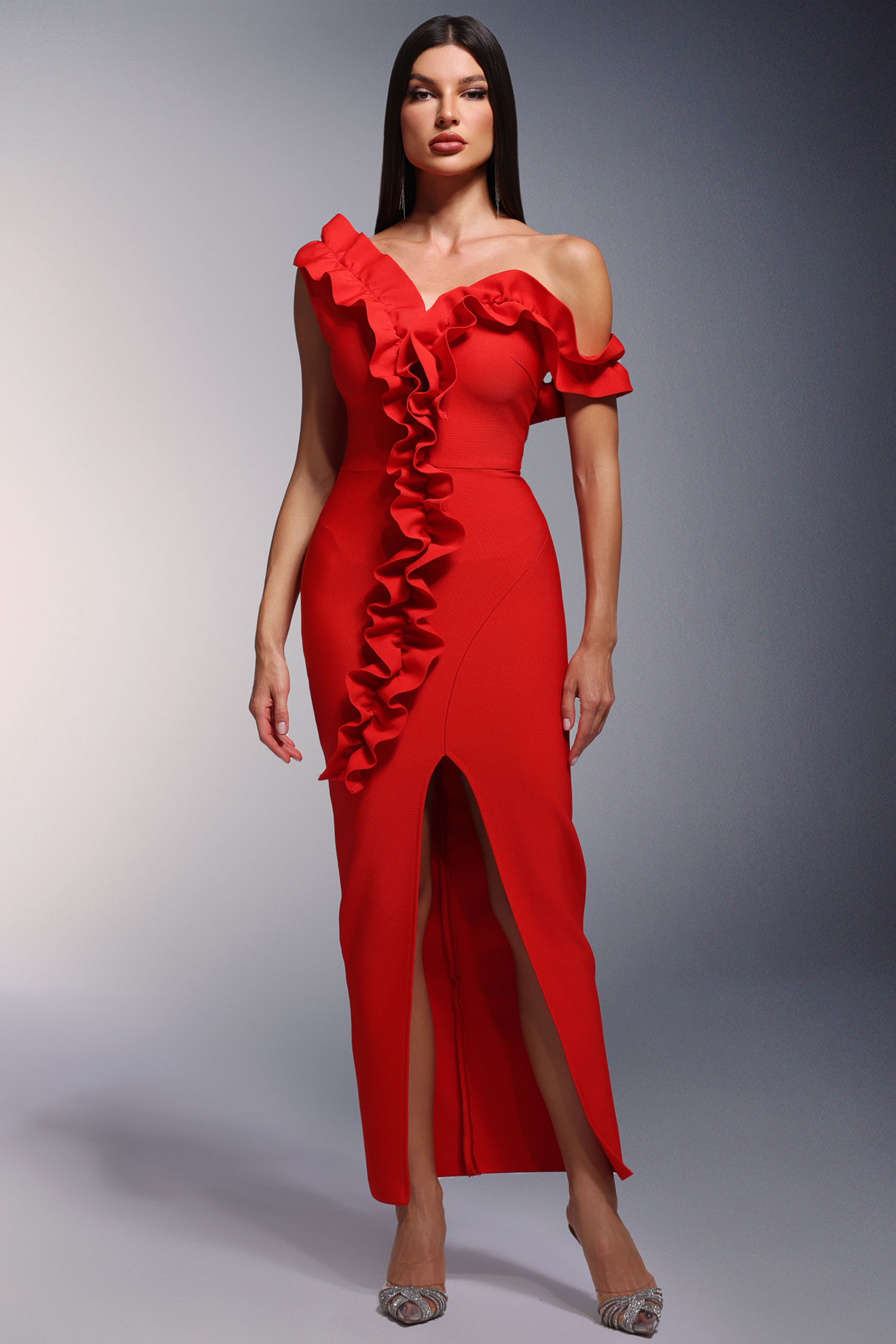 Marlina Ruffled Bandage Midi Dress - Red